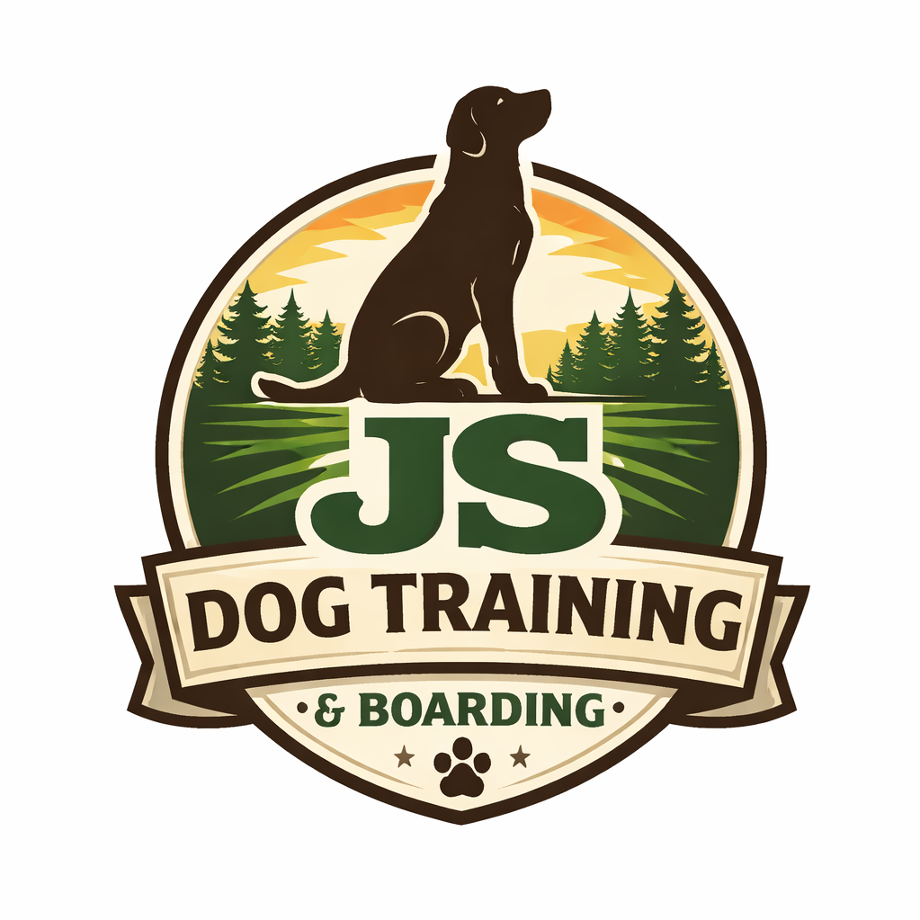 Logo for JS Dog Training & Boarding featuring a silhouette of a dog sitting outdoors with trees and a sunset in the background, and text describing dog training and boarding services.