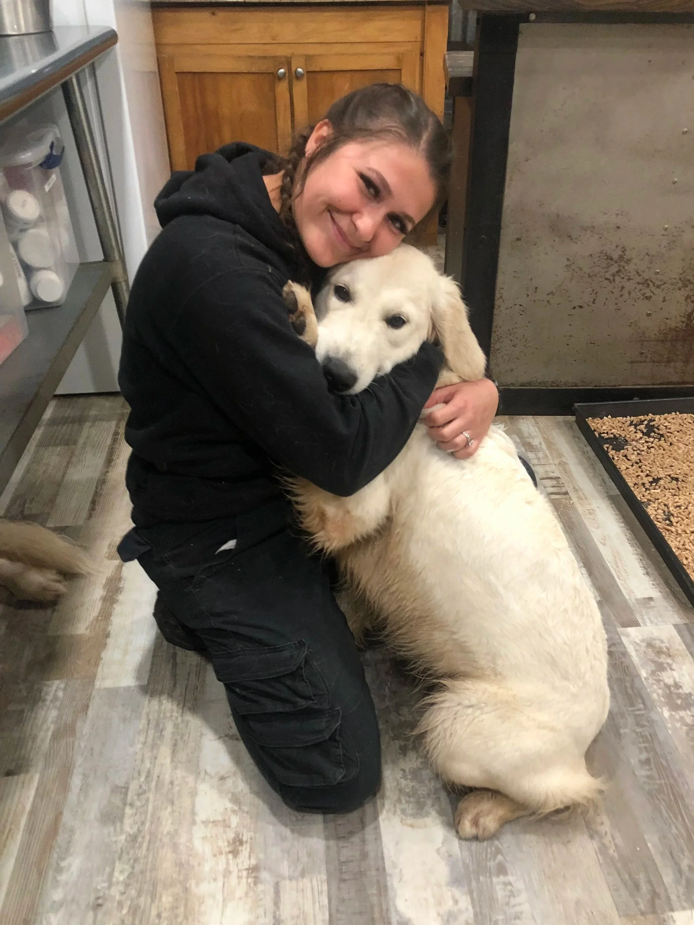 A woman hugging a large, fluffy golden retriever puppy in a kitchen.