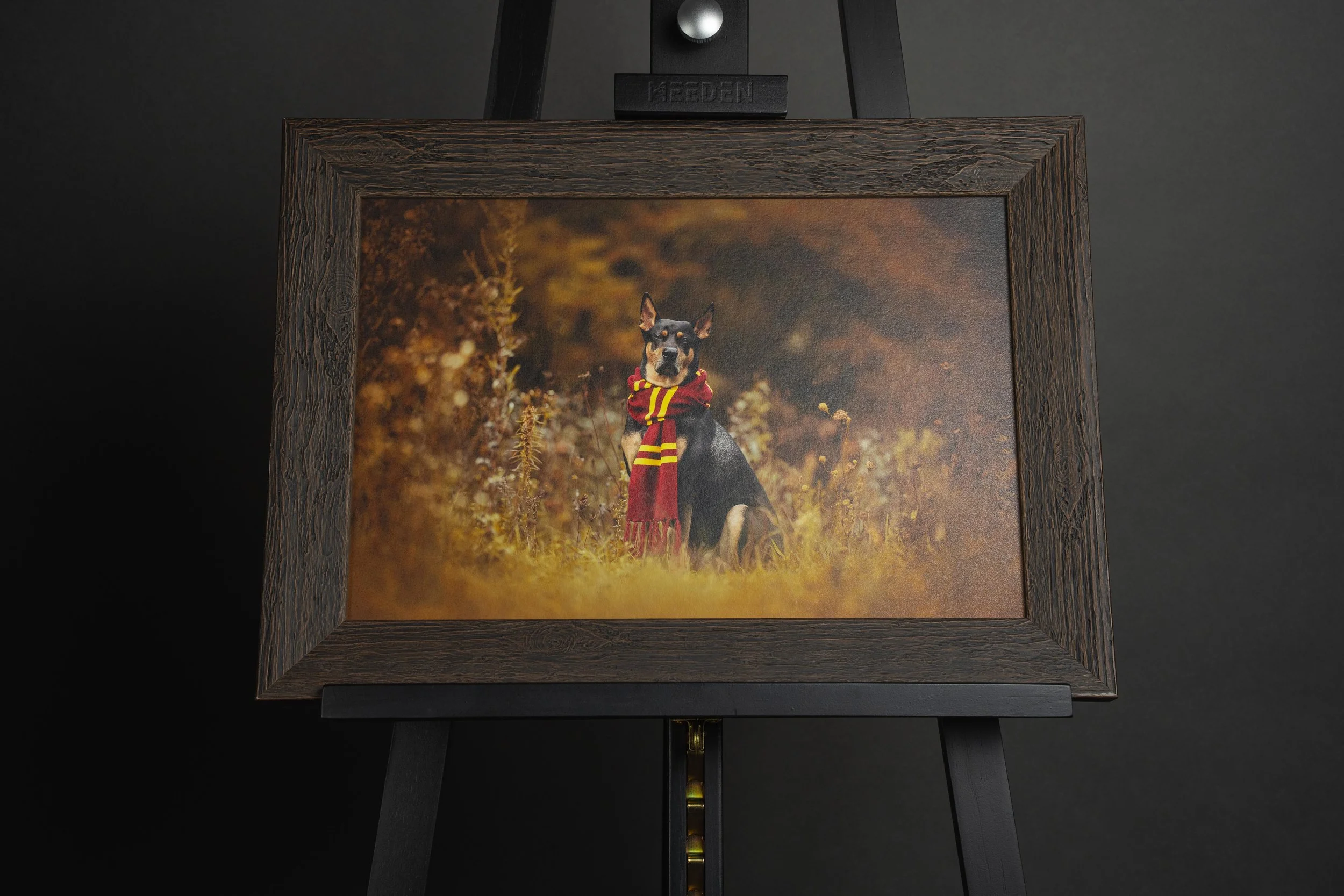 Photograph of an artwork featuring a portrait of a dog wearing a maroon and yellow scarf, set inside a rustic wooden frame. The artwork is displayed on an easel.