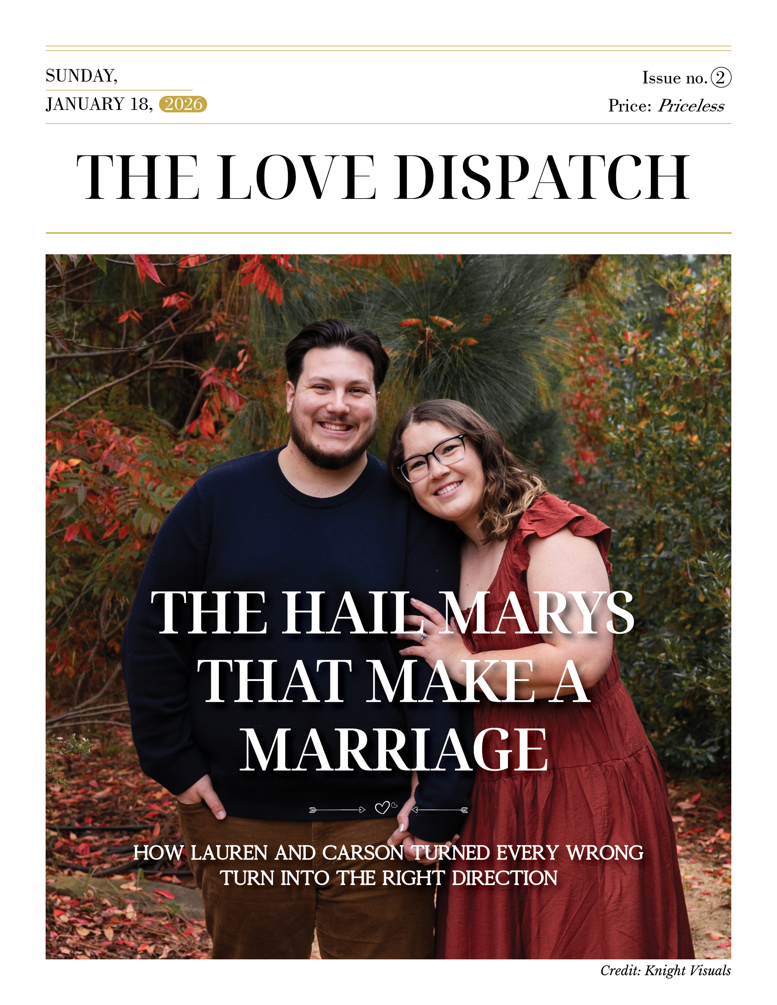 A magazine cover titled "The Love Dispatch" featuring a photo of a smiling couple, a man and a woman, standing outdoors surrounded by autumn-colored foliage. The man has dark hair and a beard, wearing a dark sweater, and the woman has glasses, curly hair, and a reddish dress. The headline reads "The Hail Marys That Make a Marriage," with a subtitle "How Lauren and Carson Turned Every Wrong Turn into the Right Direction." The issue is dated Sunday, January 18, 2026, and is priced as "Priceless."