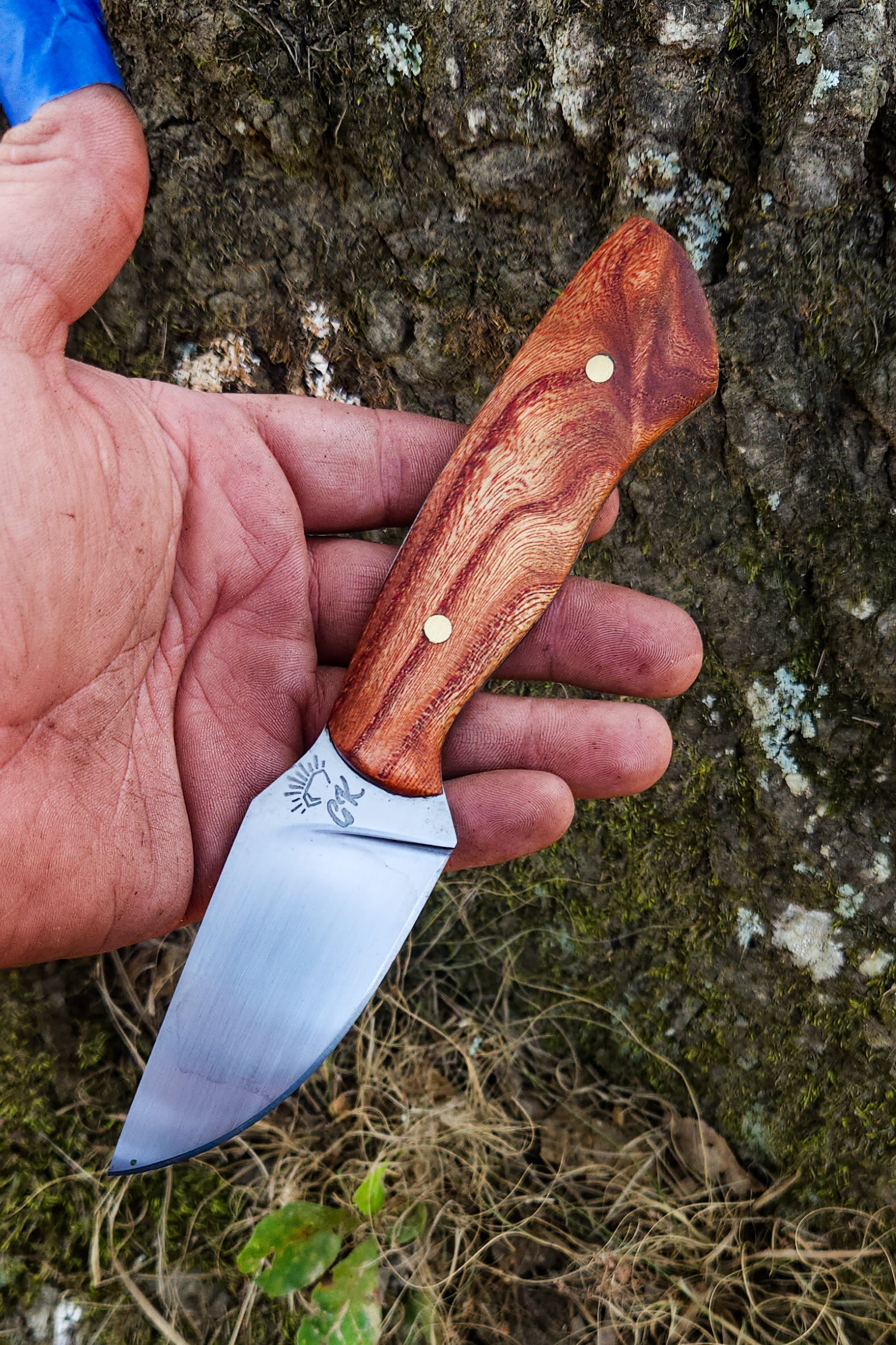 A hand holding a fixed-blade knife with a wooden handle outdoors. The background shows a mossy rock and dry grass.