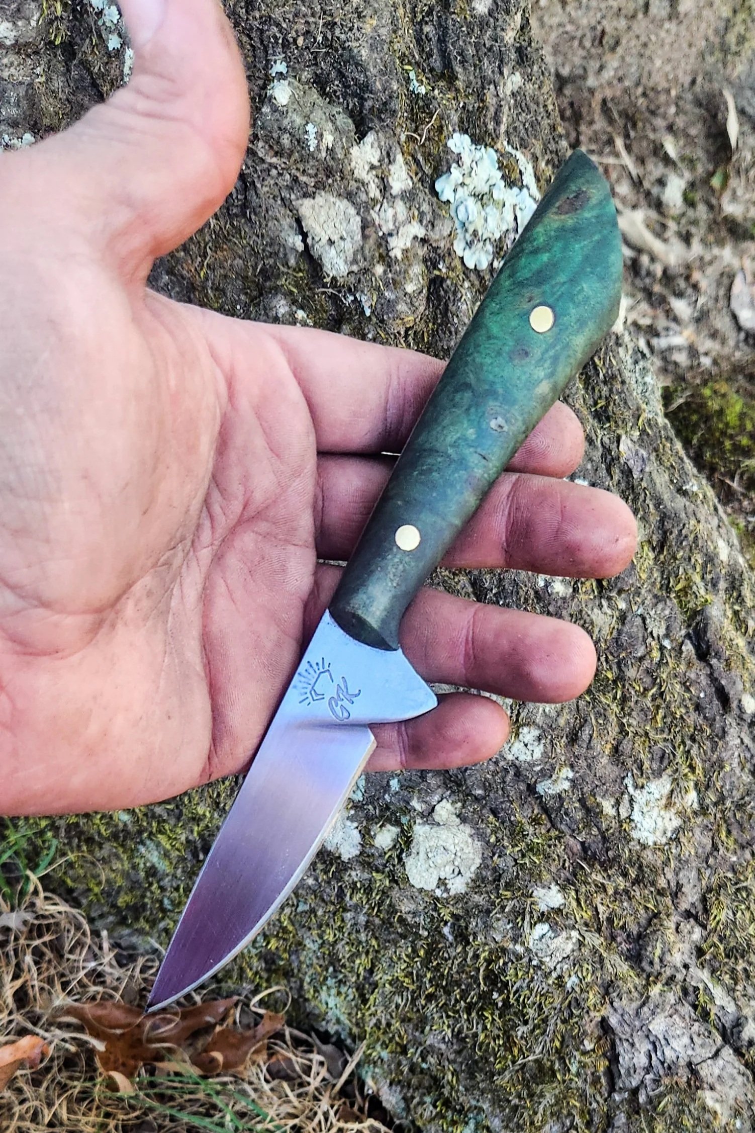 A person's hand holding a fixed-blade knife with a greenish, marbled handle and a stainless steel blade, resting on a mossy tree trunk outdoors.