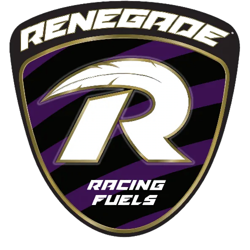 Renegade Racing Fuels logo with a stylized 'R' in the center and purple and black diagonal stripes background.