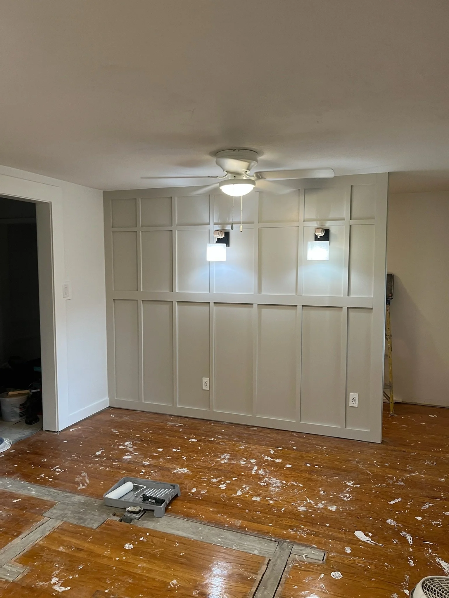 Newly installed board and batten and light fixtures.