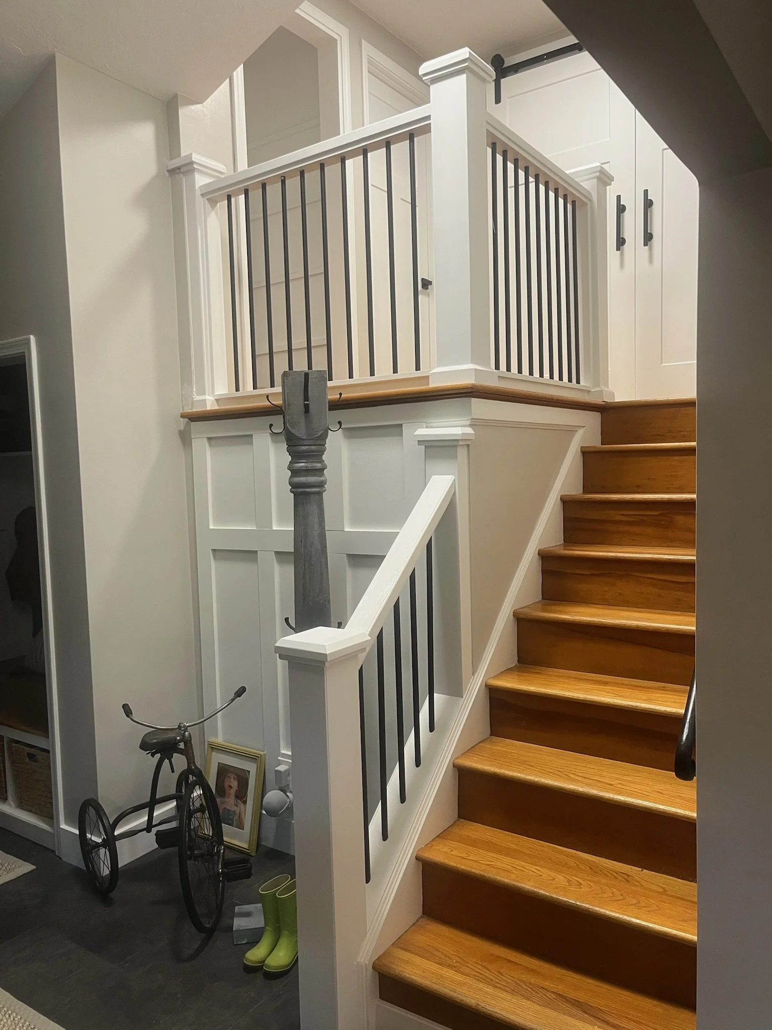 A new railing installation, complete with paint job and trim.