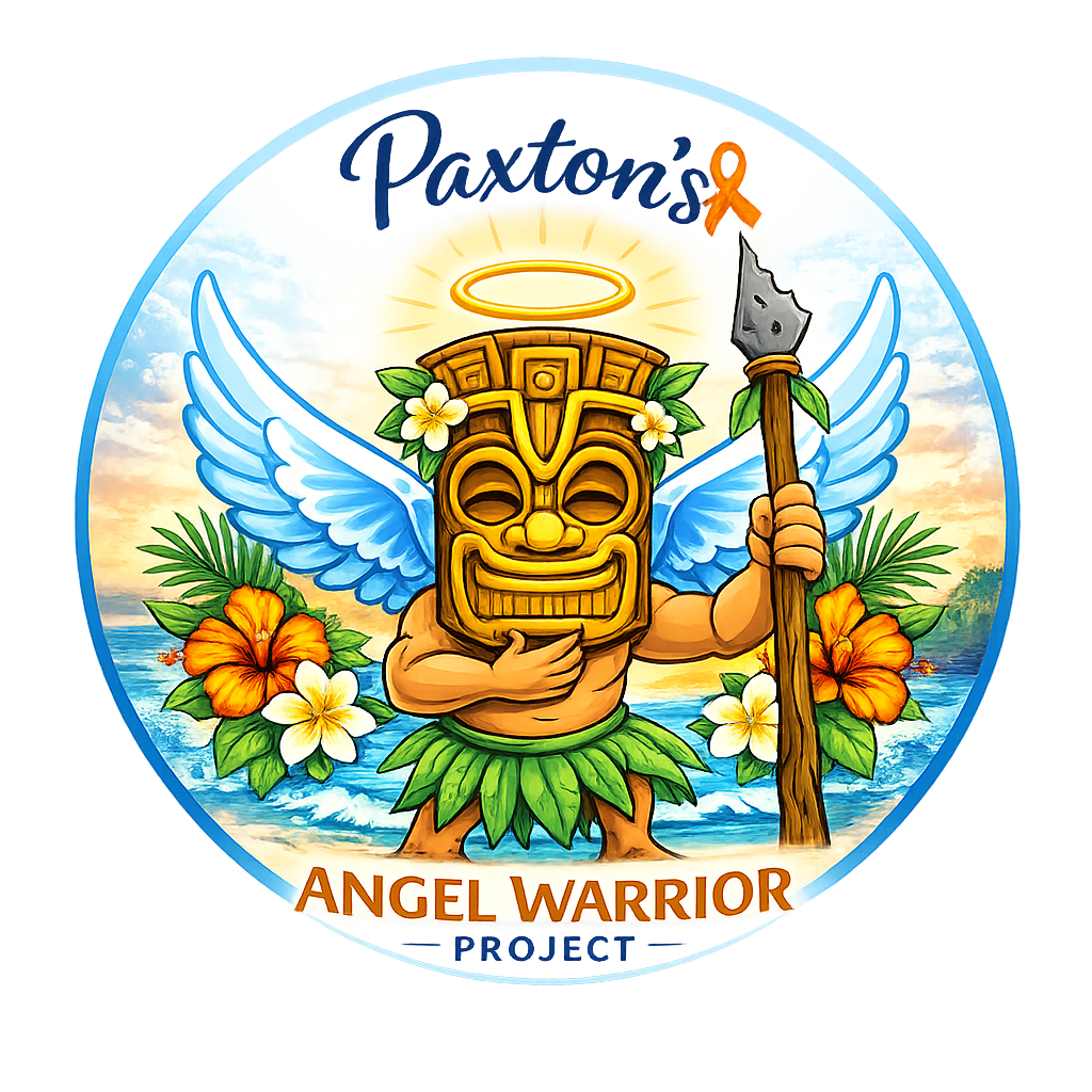 Illustration of a warrior with a tiki mask, angel wings, a halo, holding a spear, surrounded by tropical flowers and a sunset at the beach. Text includes 'Paxton's Angel Warrior Project'.