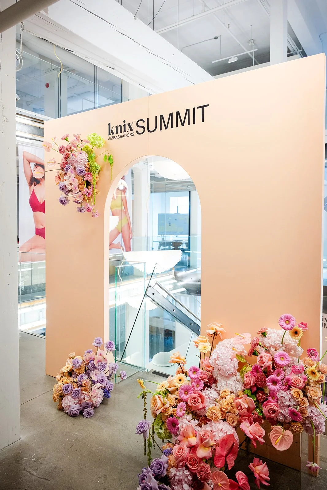 Custom-fabricated stage backdrop and arch for Knix event Toronto