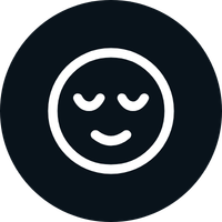 A simple white smiling face icon with closed eyes on a dark background.