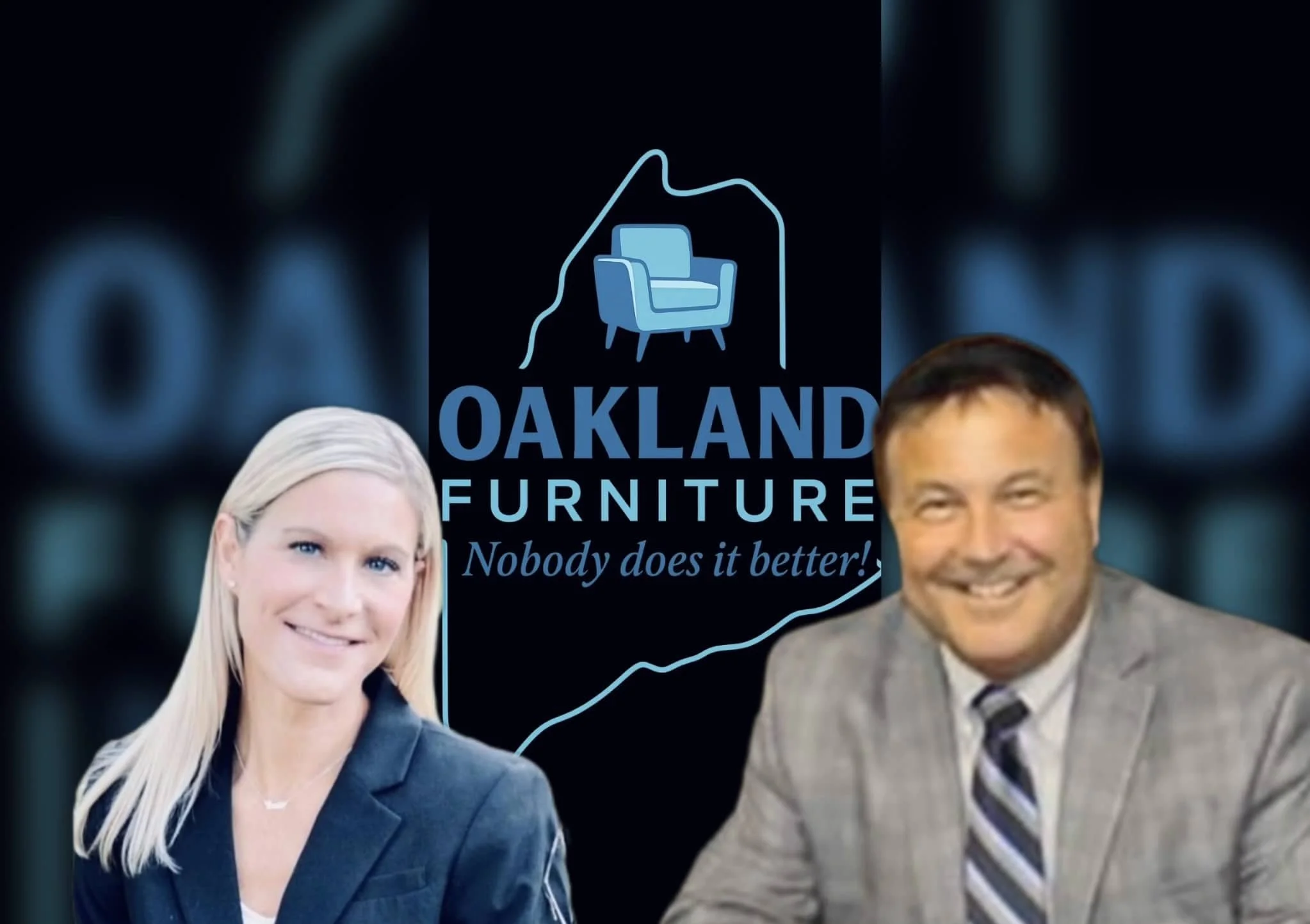 Two Oakland Furniture leaders pictured in front of the company logo, representing family ownership and long-standing commitment to customer service in Oakland, Maine.