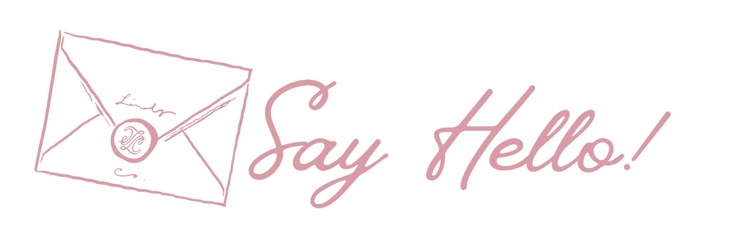 A pink sketch of an envelope with the word 'Love' and cursive letter 'L' inside a circular seal, alongside the text 'Say Hello!' on a black background.