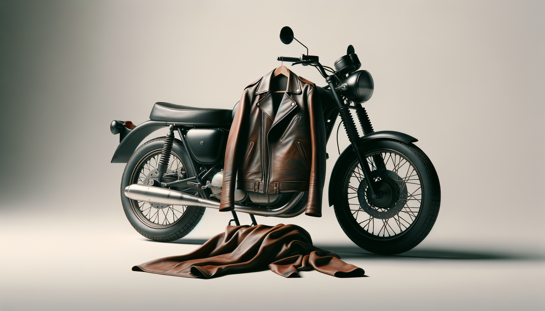 A black motorcycle with a brown leather jacket draped over the handlebar, and a matching leather shirt or jacket and fabric on the ground in front of it.