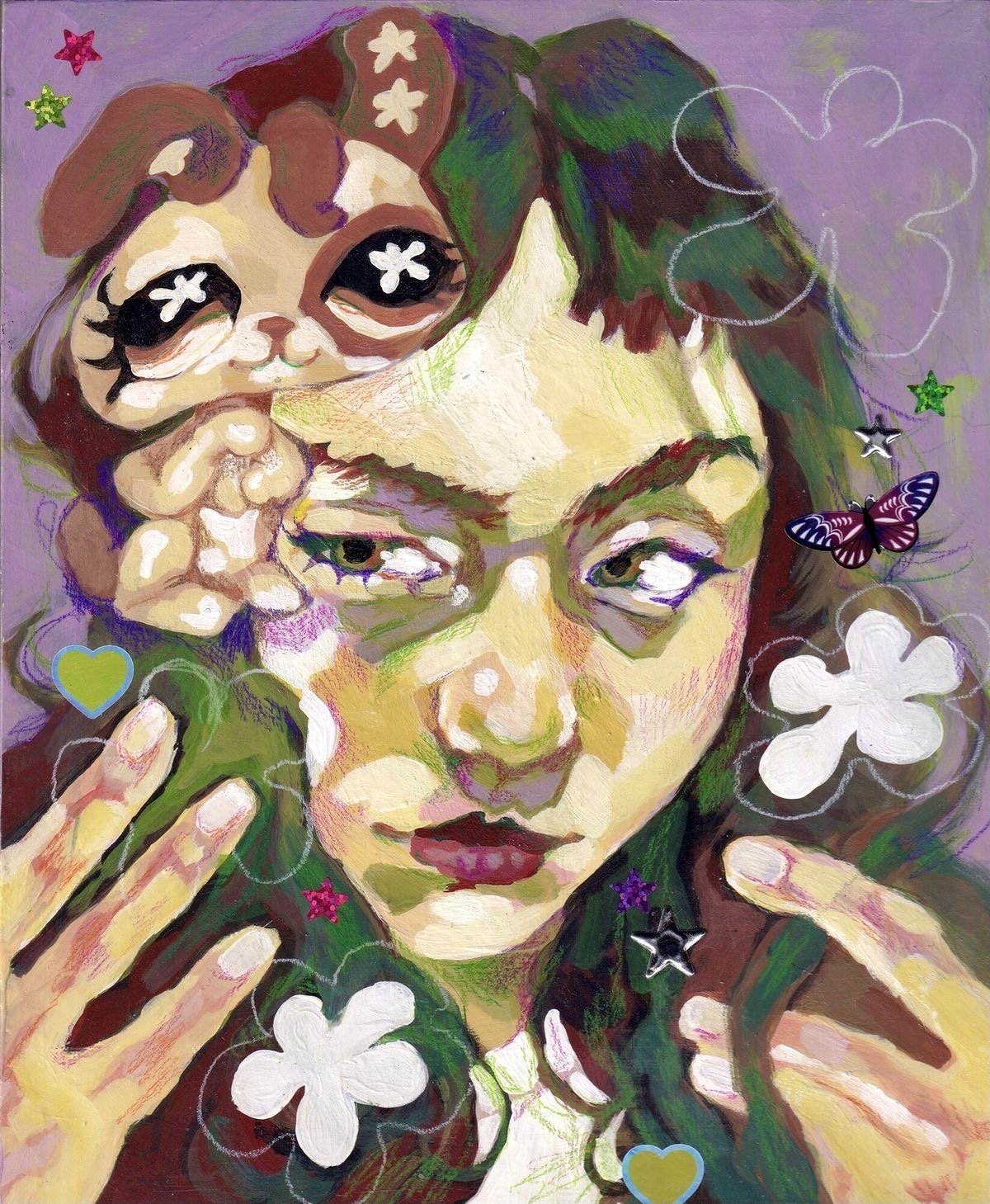 Pet Shop Girl #2 
, 8"x10" 
, acrylic and stickers on board
, 2025