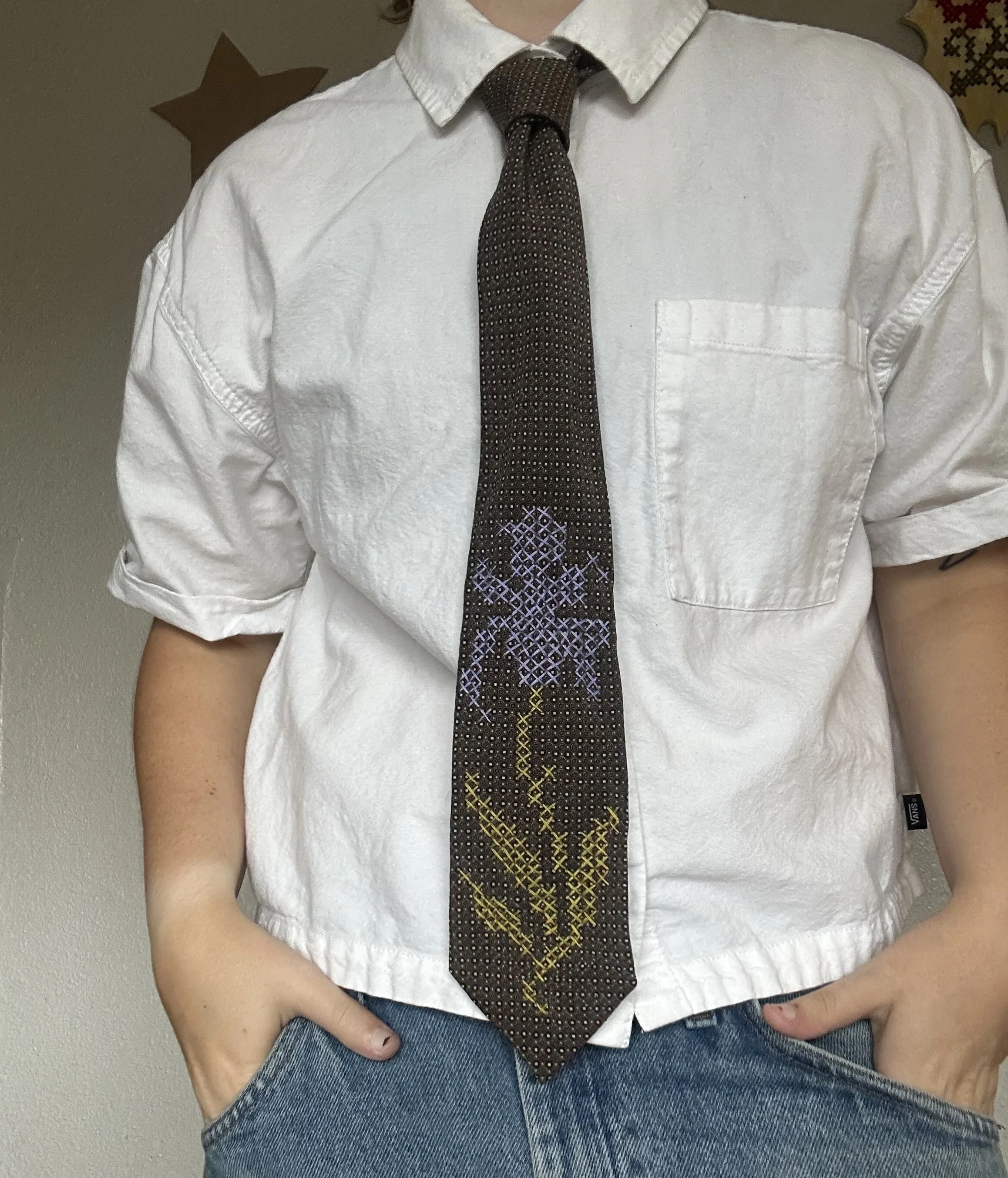 Iris, hand-embroidered upcycled necktie