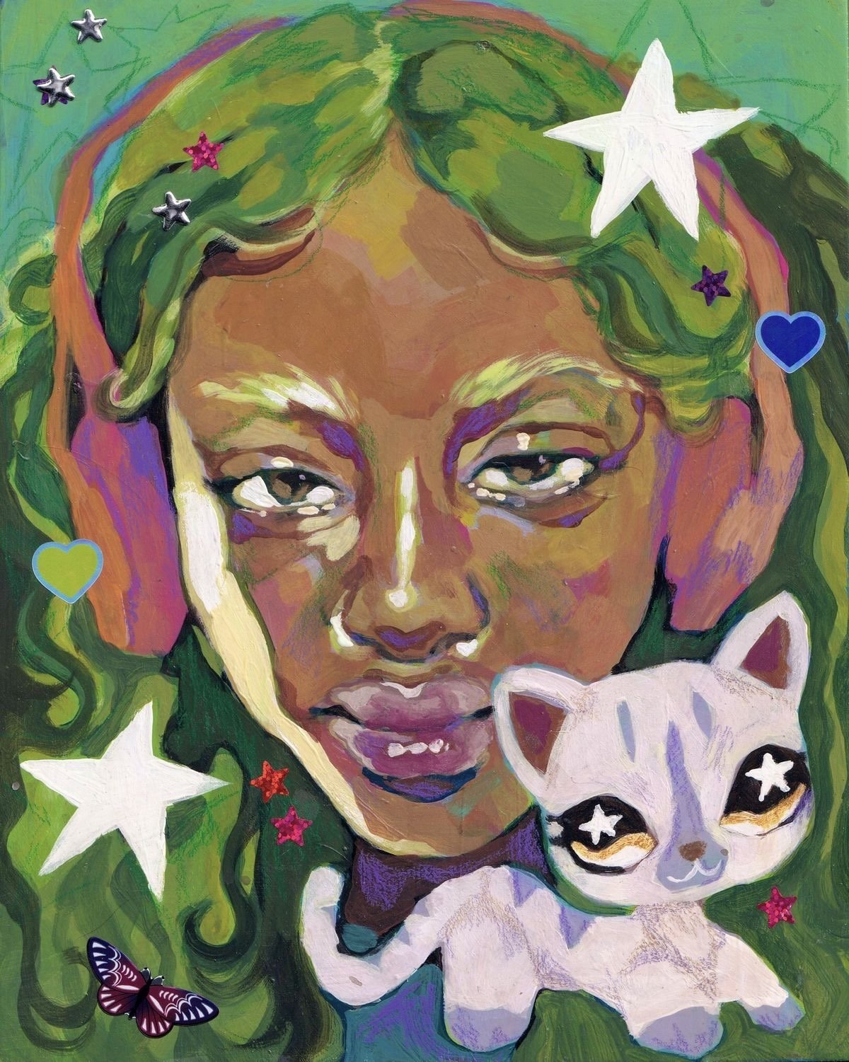 Pet Shop Girl #1 
, 8"x10" 
, acrylic and stickers on board
, 2025