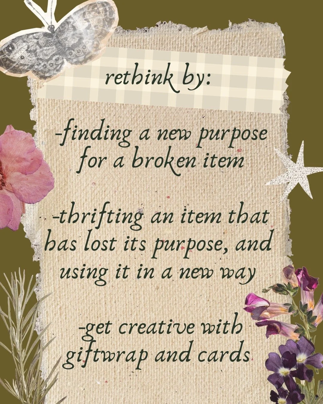 We've arrived at the final "R" in the series I've been posting about ways to reduce, reuse, recycle, repair, and today-rethink! 

There are lots of ways we can rethink how we use things, our purchasing habits, and our habits surrounding was