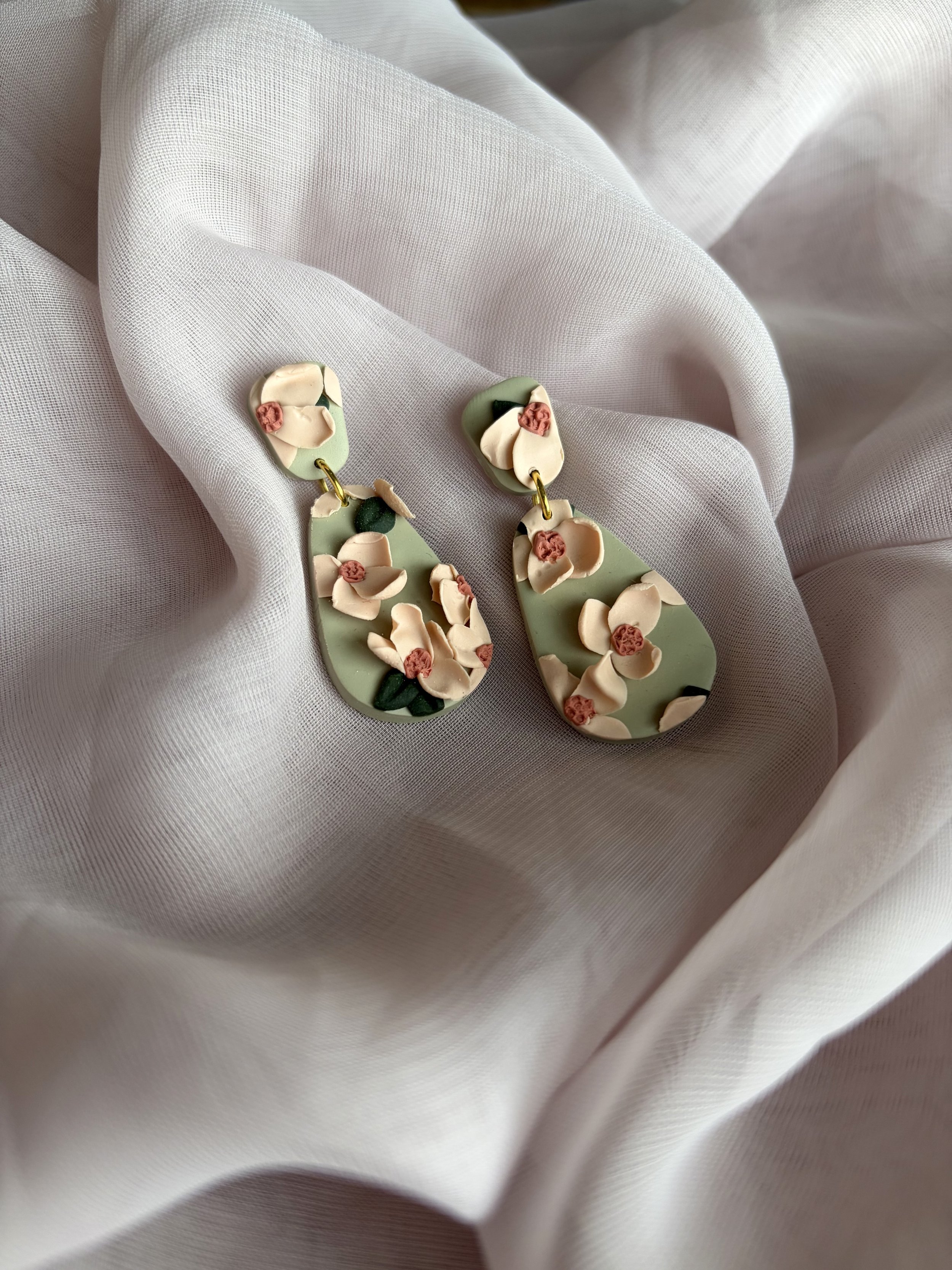 Sage Magnolia Polymer Clay Earrings