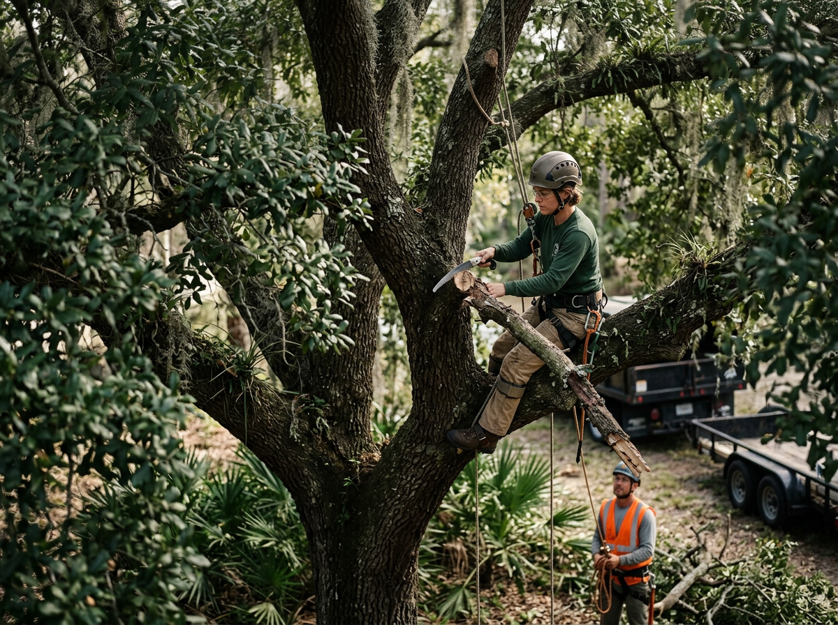 A person in a green shirt, khaki pants, helmet, and safety gear is climbing and cutting a large tree with a saw. Another person in a gray shirt, orange safety vest, and helmet stands on the ground, holding a rope. Tree Trimming in Jacksonville Fl