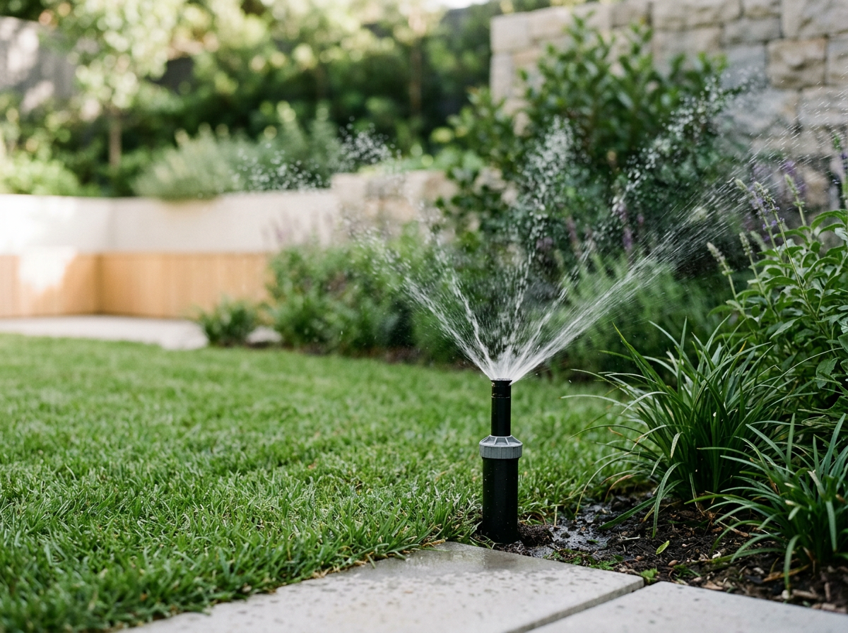 A black outdoor sprinkler spraying water over a green lawn and surrounding plants in a garden. Irrigation work in Jacksonville Fl