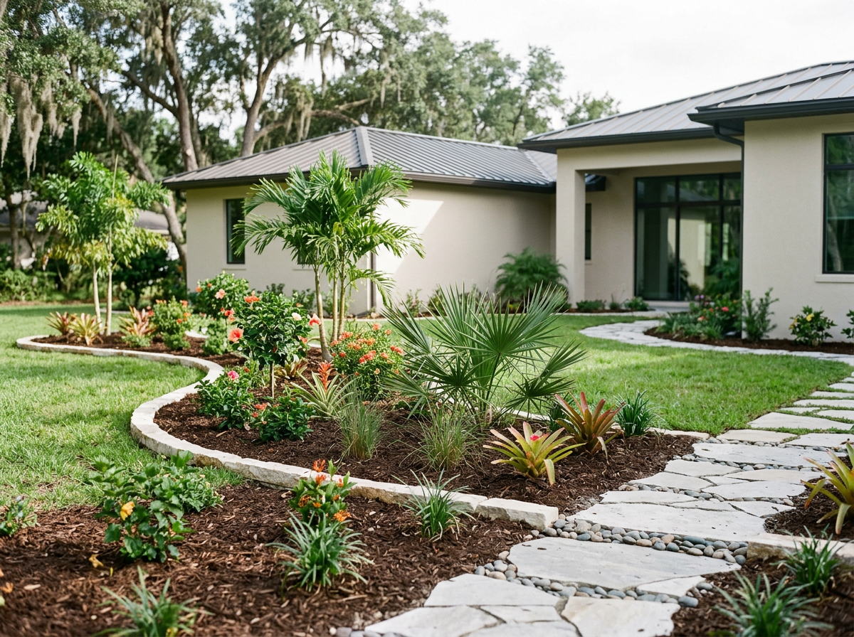 Beautiful front yard with a stone pathway, green grass, and tropical plants including small palm trees and flowering bushes, in front of a modern house with large windows and a metal roof. Landscaping in Jacksonville Fl