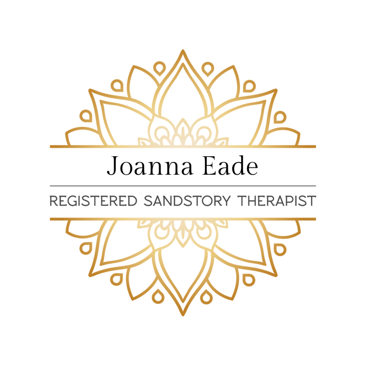 Business card for Joanna Eade, a registered sandstory therapist, with a decorative gold lotus flower design in the background.