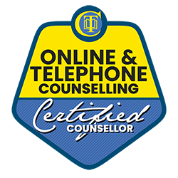 Logo for online and telephone counseling certification program with yellow, blue, and white design.