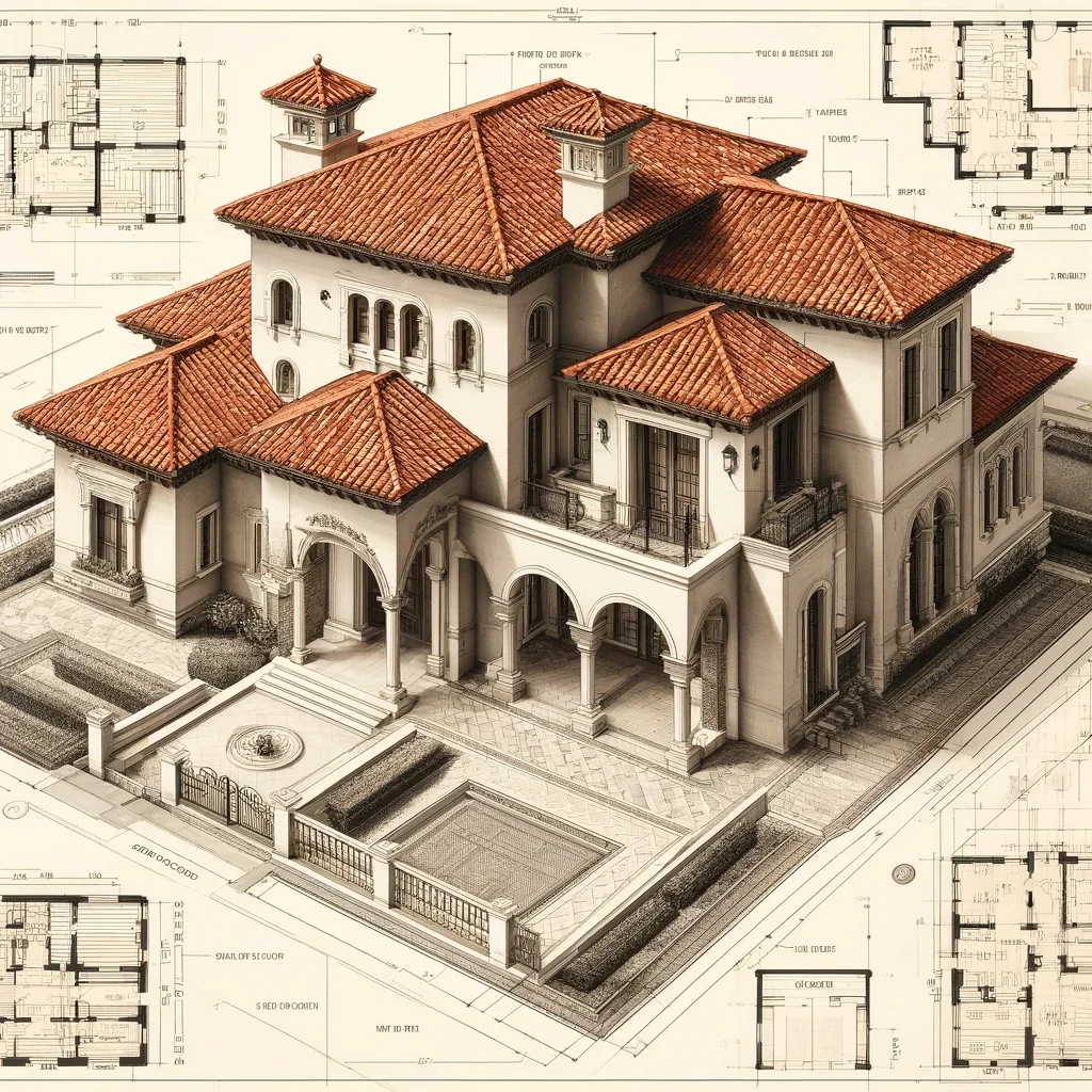 Architectural blueprint of a Mediterranean-style house with terracotta roof tiles, elegant arches, and detailed exterior design, overlayed with blueprint drawings.