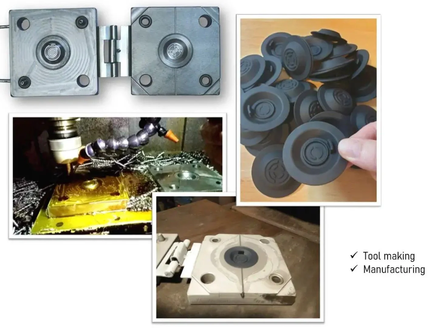 Collage of images showing various stages and components of tool making and manufacturing, including metal molds, CNC machining process, and black rubber or plastic molds held in hand.