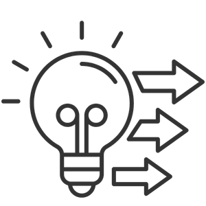 Light bulb icon with three arrows pointing to the right.