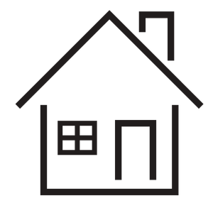 Simple black and gray house icon with a chimney, window, and door.