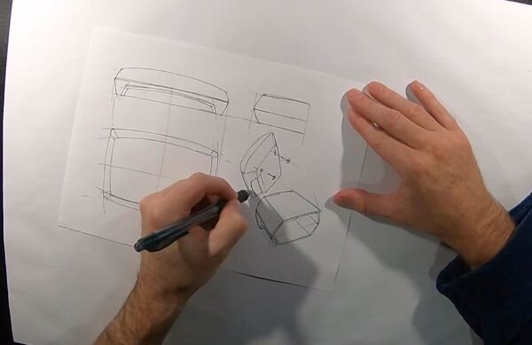 A person sketching a car design on large white paper with a black marker, showing vehicle views and a side profile of the car.