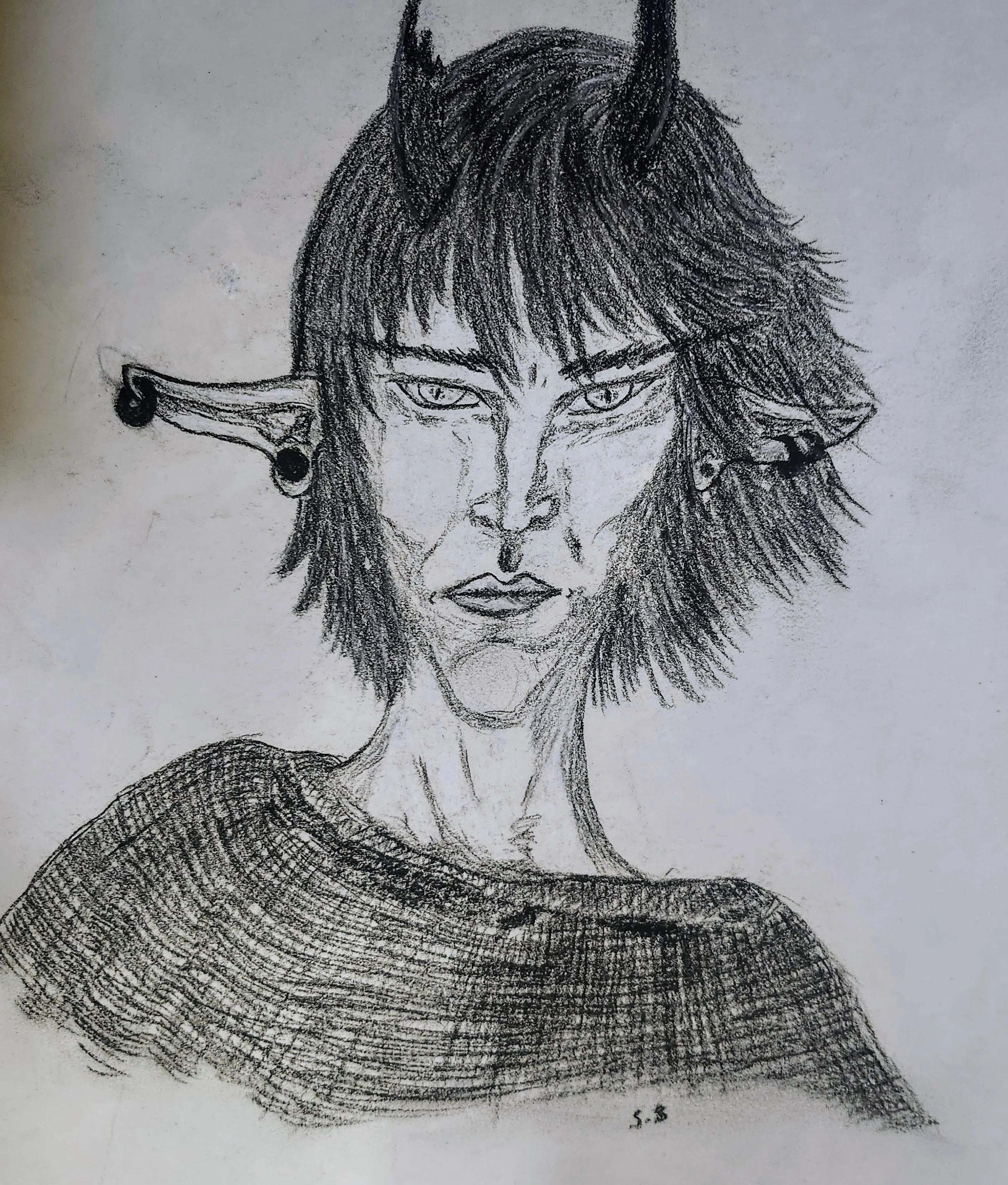 A drawing of an elf with horns and a piercings