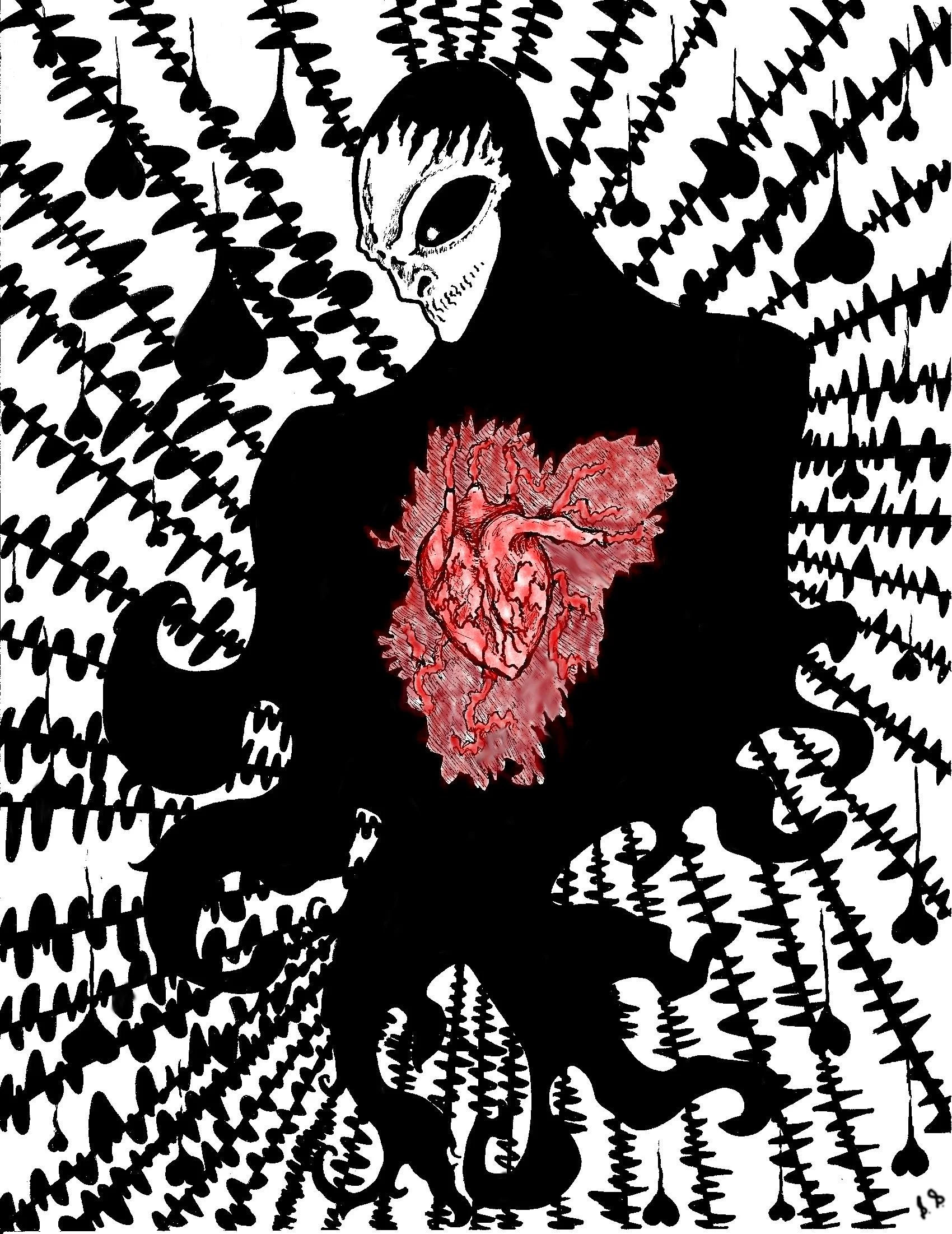 A dark, stylized drawing of a figure with a skull-like face and dark body, which contains a realistic human heart in its chest. The background is filled with black wavy lines and black hearts