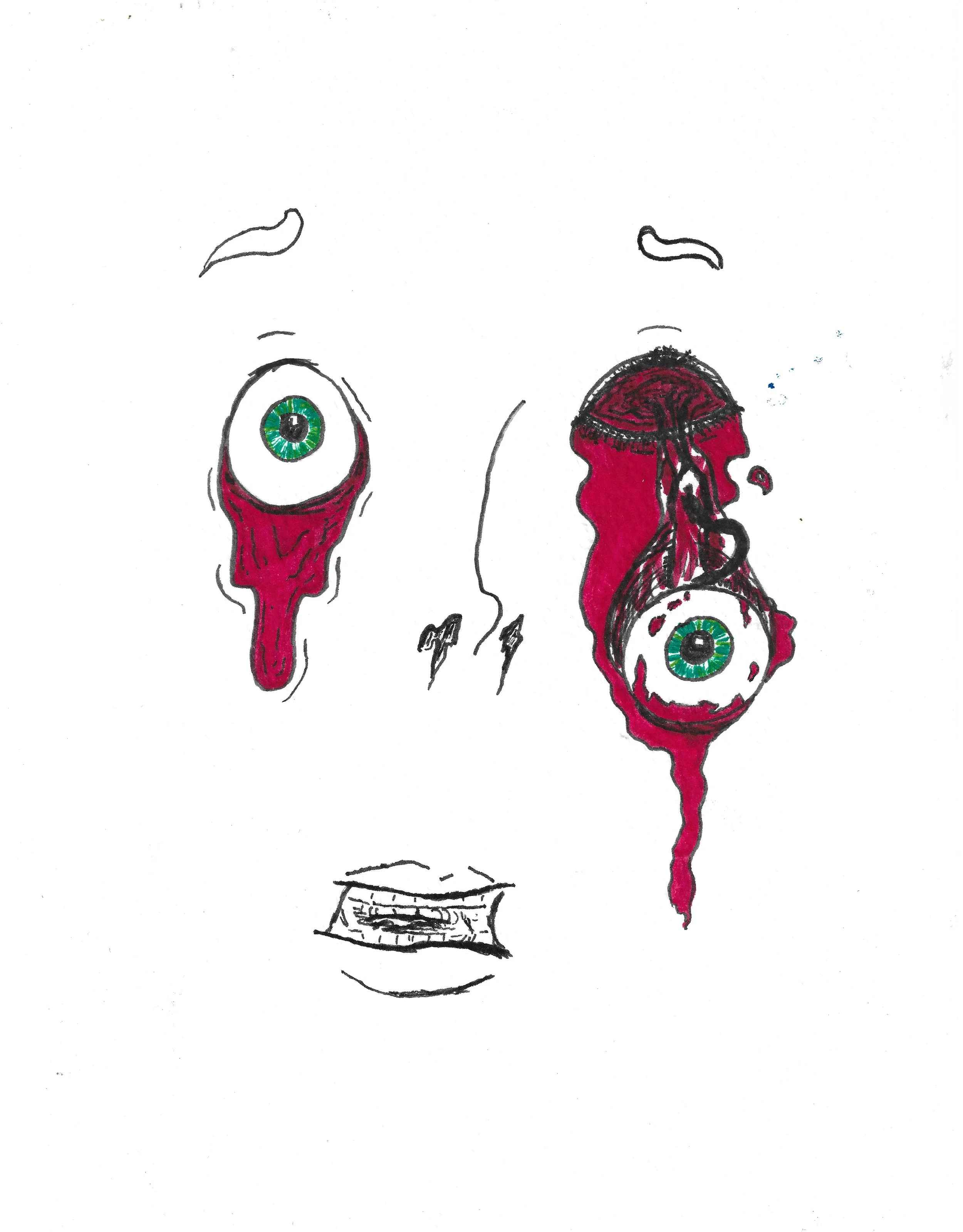 A surreal drawing of a face with two eyes, one falling down the cheek, and bared teeth