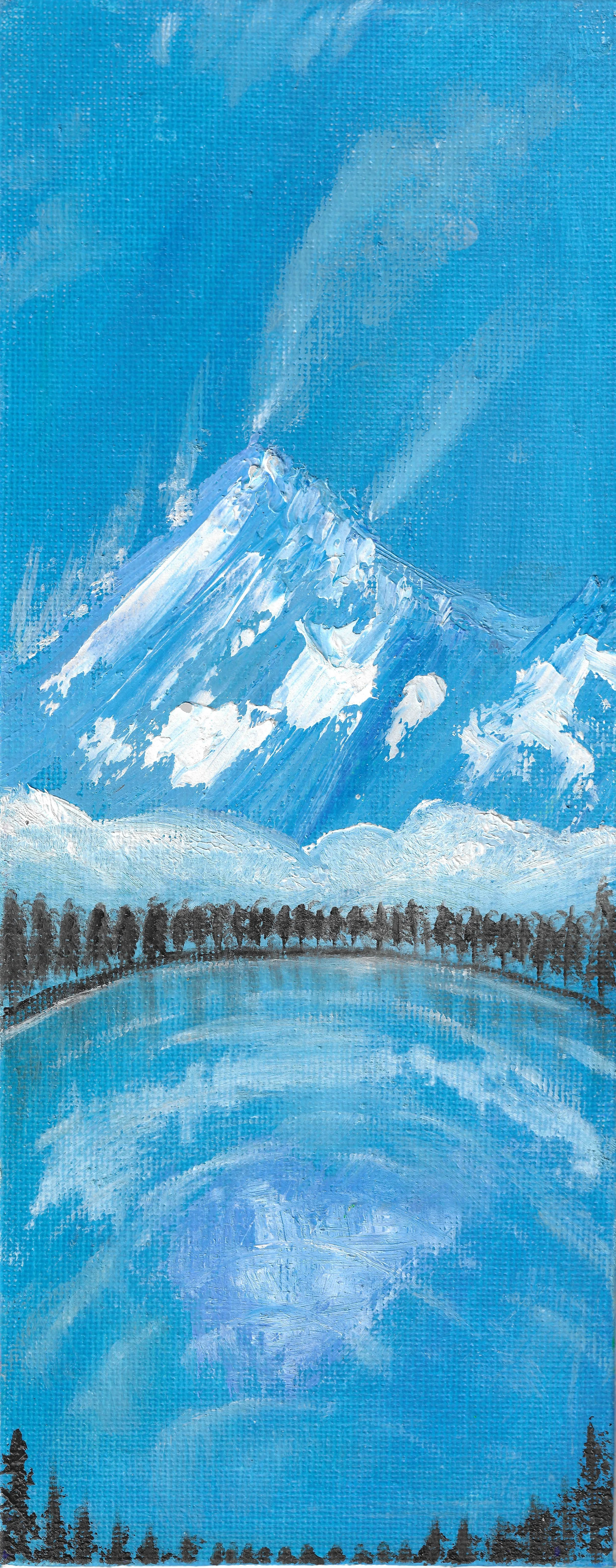 Painting of snowy mountain peaks under a blue sky with trees and a river in the foreground.