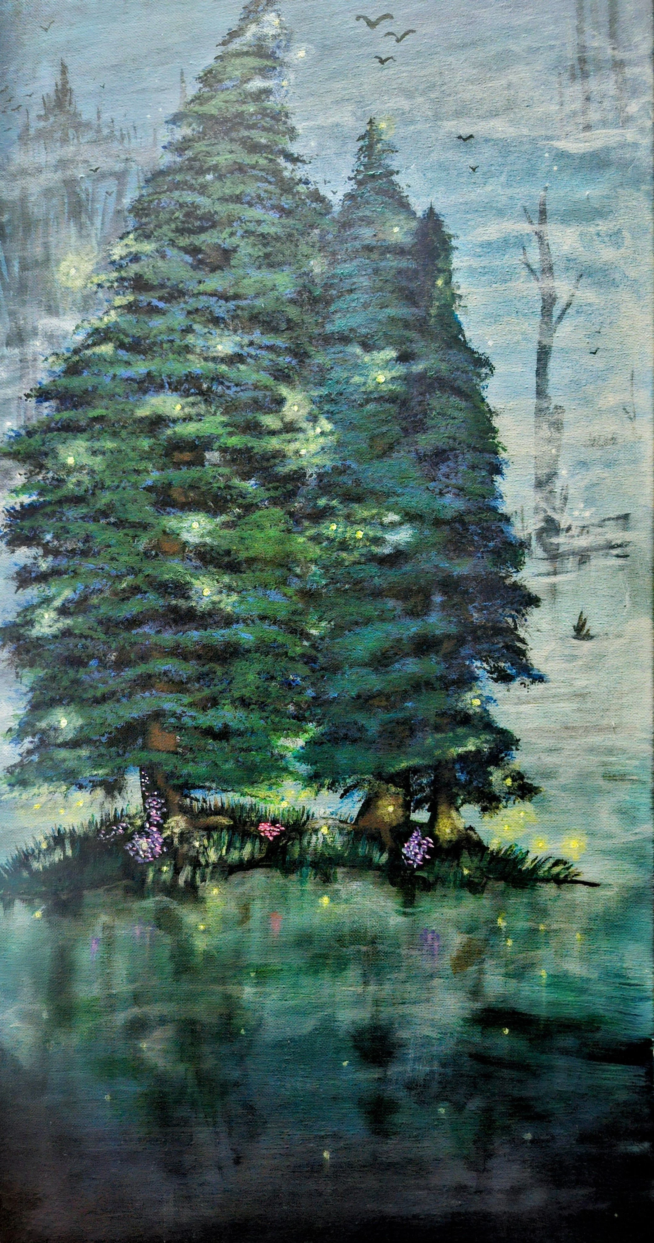 A painting of a dense forest with tall pine trees, illuminated by small glowing lights, reflected in a calm body of water at the base. The background shows a misty, ethereal sky with flying birds.