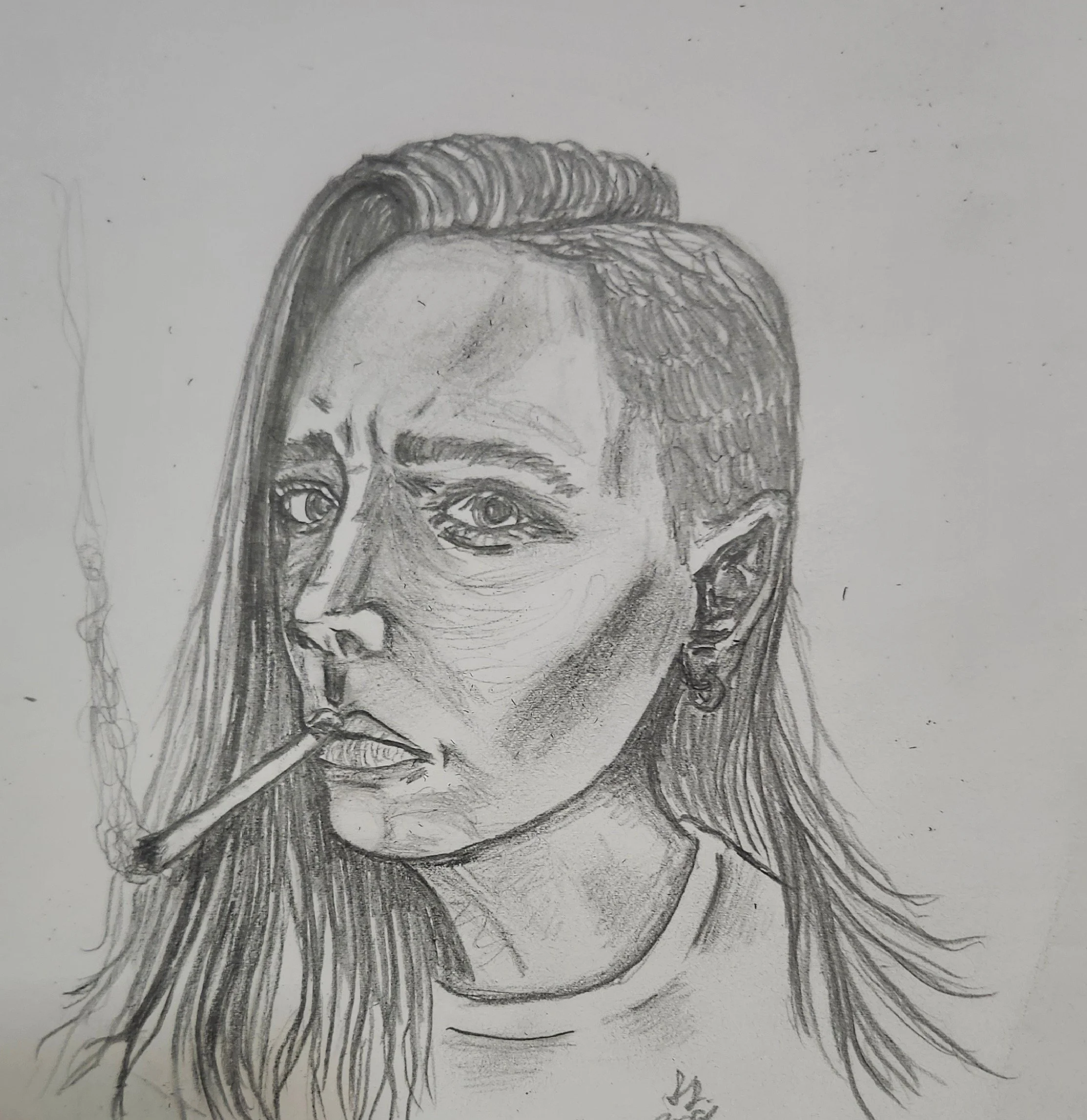 A pencil sketch of a woman with long hair, one side shaved, smoking