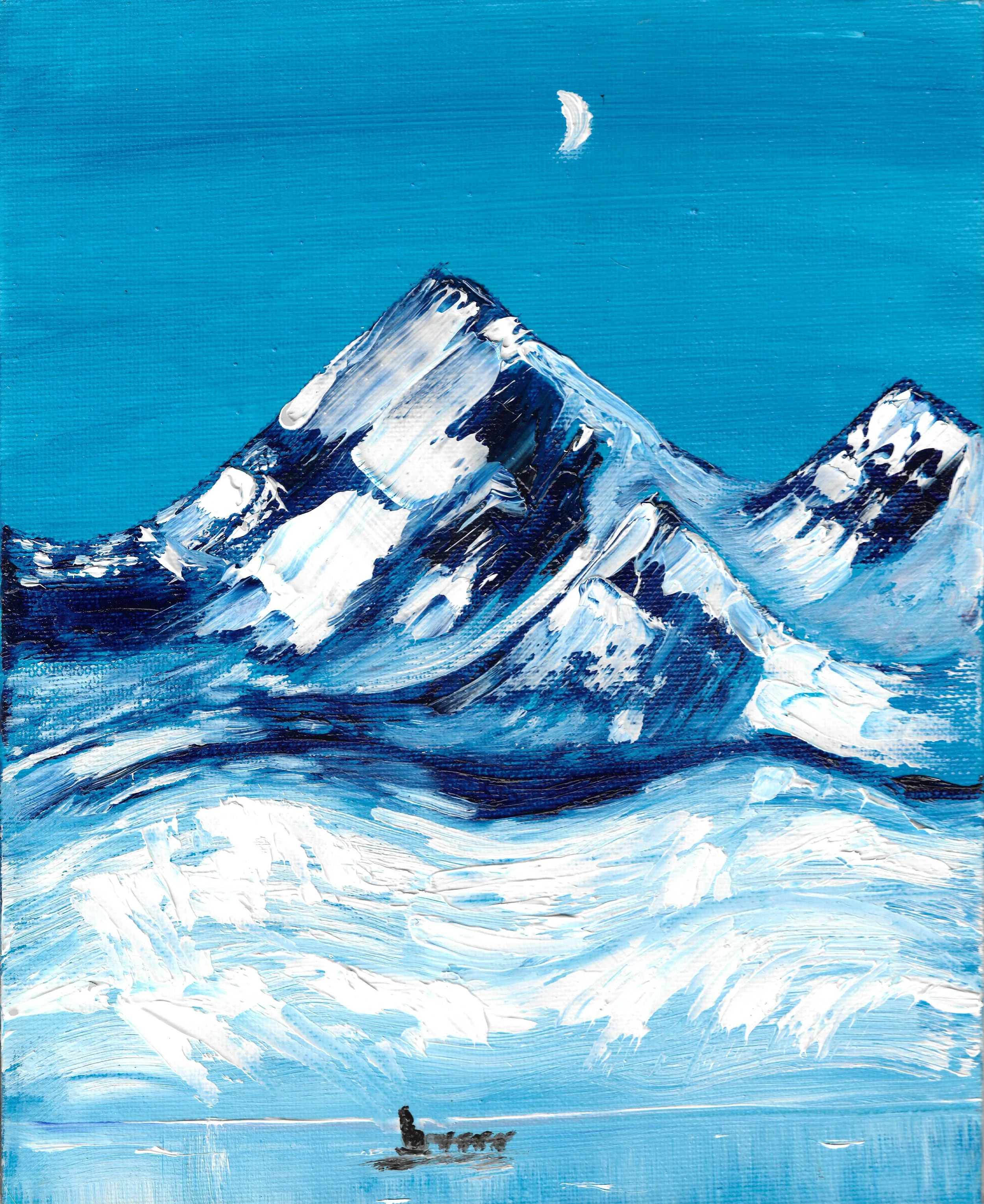 Painting of snow-capped mountains under a blue sky with a crescent moon and a small boat in the water.