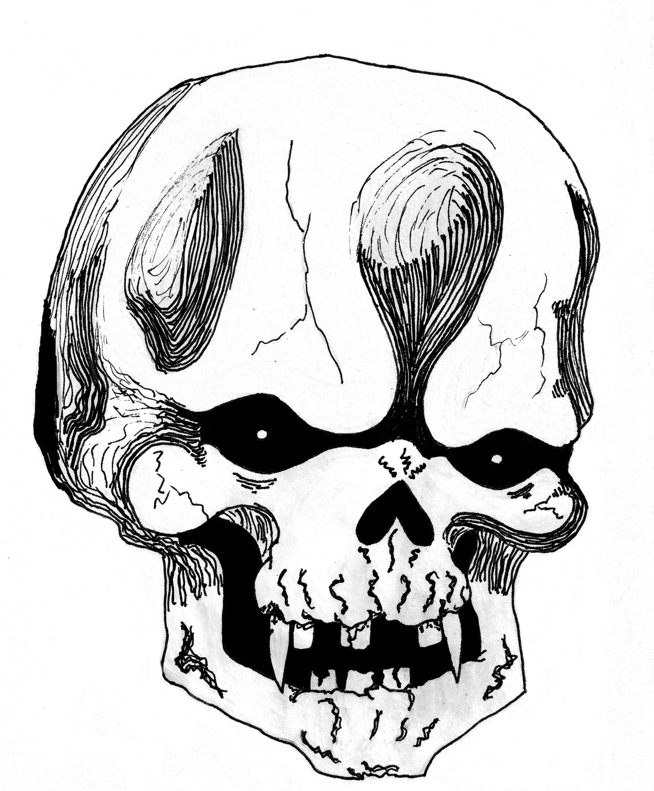 Black and white drawing of a human skull with exaggerated features, fangs, and hollow eye sockets.