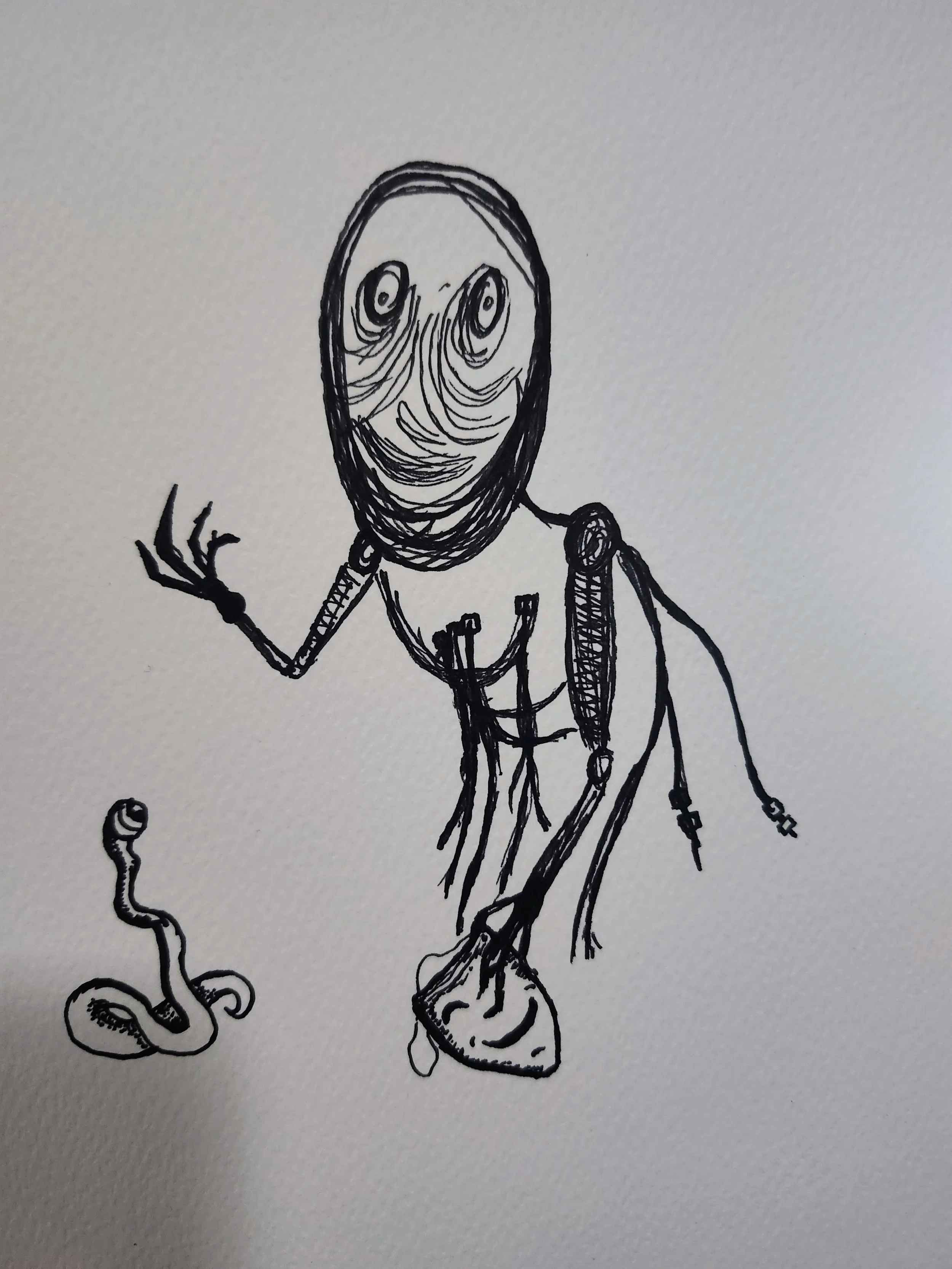 A hand-drawn cartoon-like creature with a large, oval-shaped head, spiral-patterned face, and large, round eyes. The creature has a thin, elongated body with exposed ribs, long arms, and fingers, and is wearing a backpack. It is standing with one arm