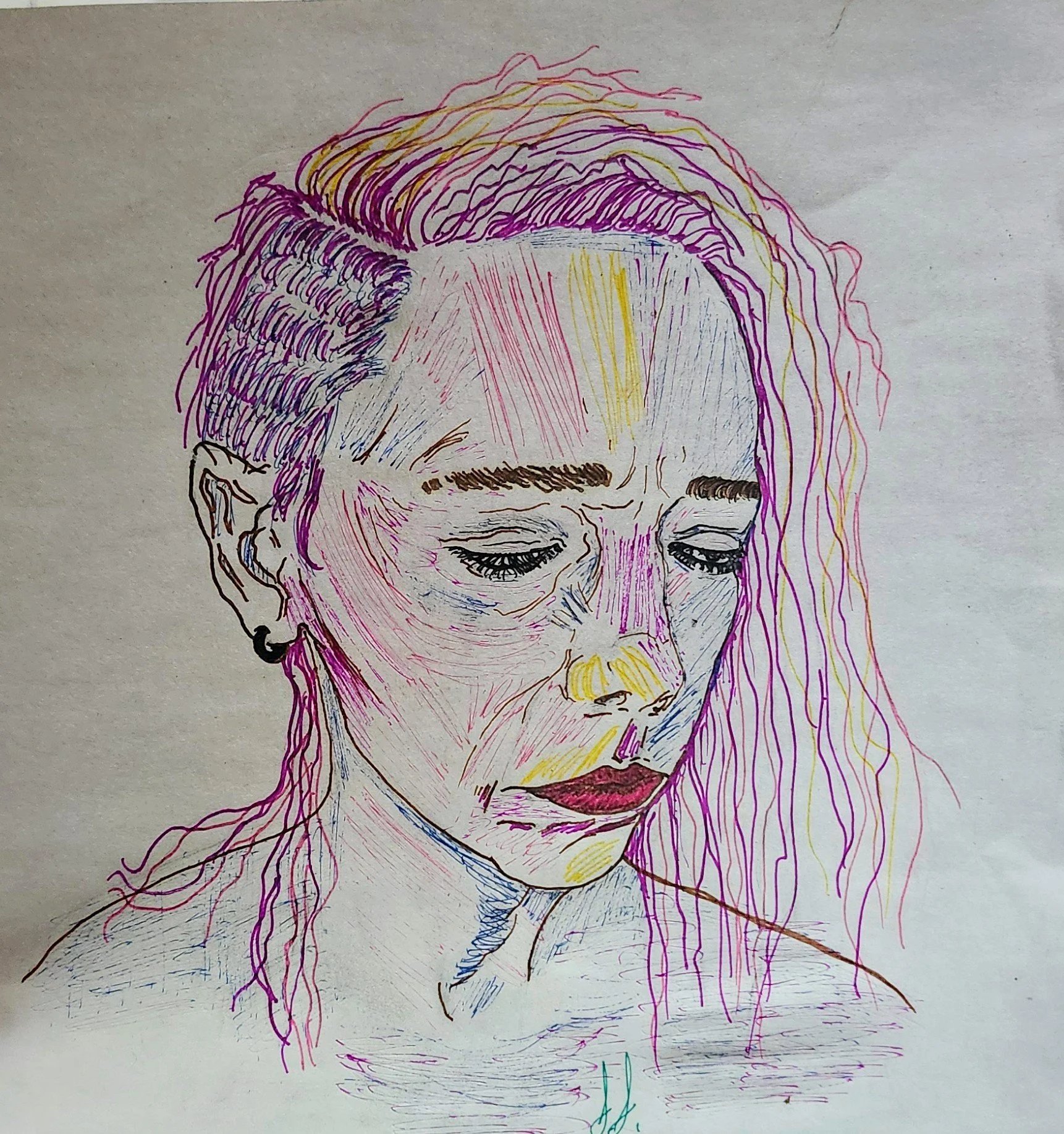 Colorful sketch of a woman with long hair, looking down with a sad or thoughtful expression.
