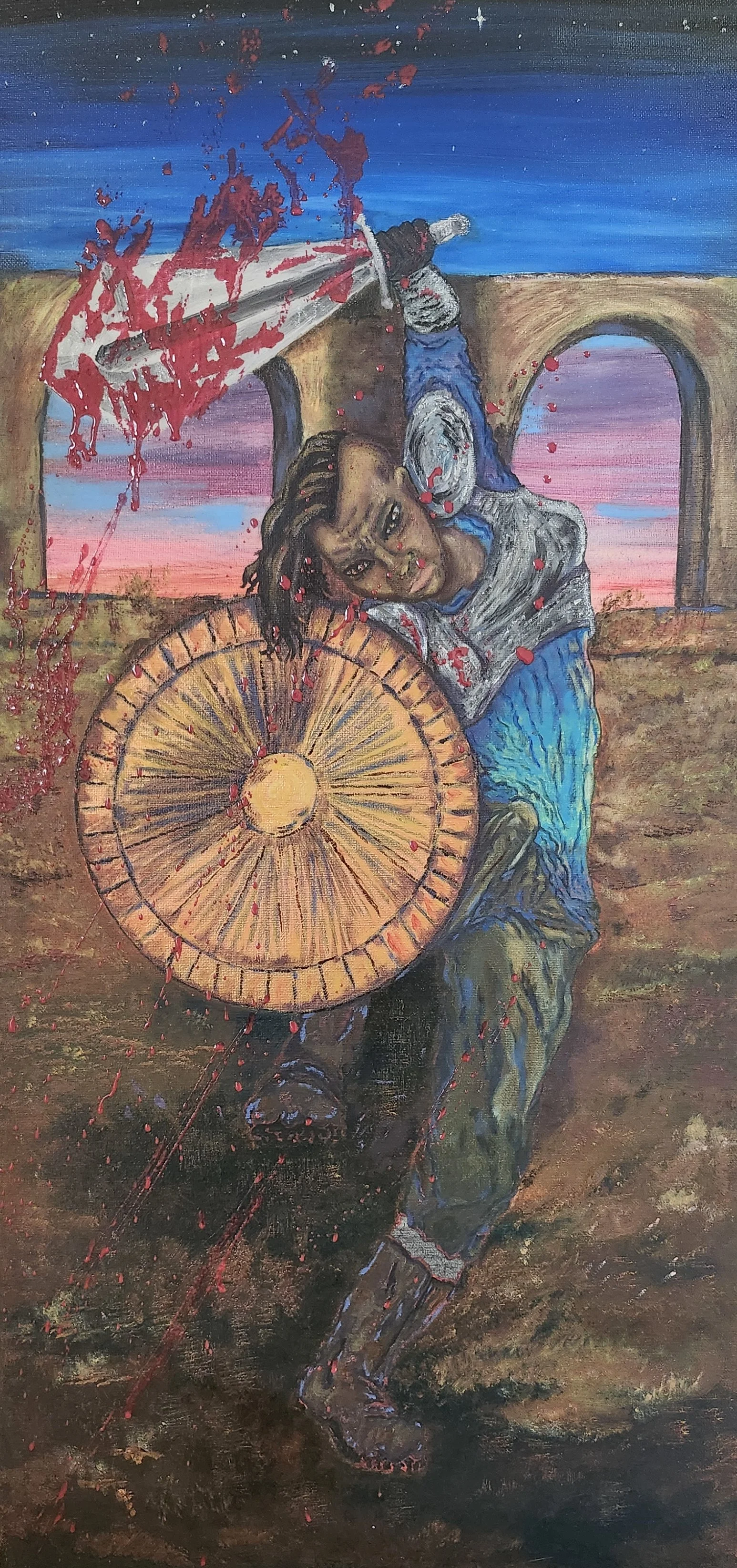 A person with a determined expression, holding a large round shield while swinging a bloody sword. Blood splatters and drips down, and they appear to be in motion against a dirt ground during a sunset with arches in the background