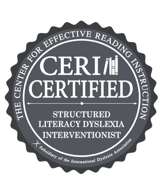 Seal for the Center for Effective Reading Instruction, CERI Certified, Structured Literacy Dyslexia Interventionist, subsidiary of the International Dyslexia Association.