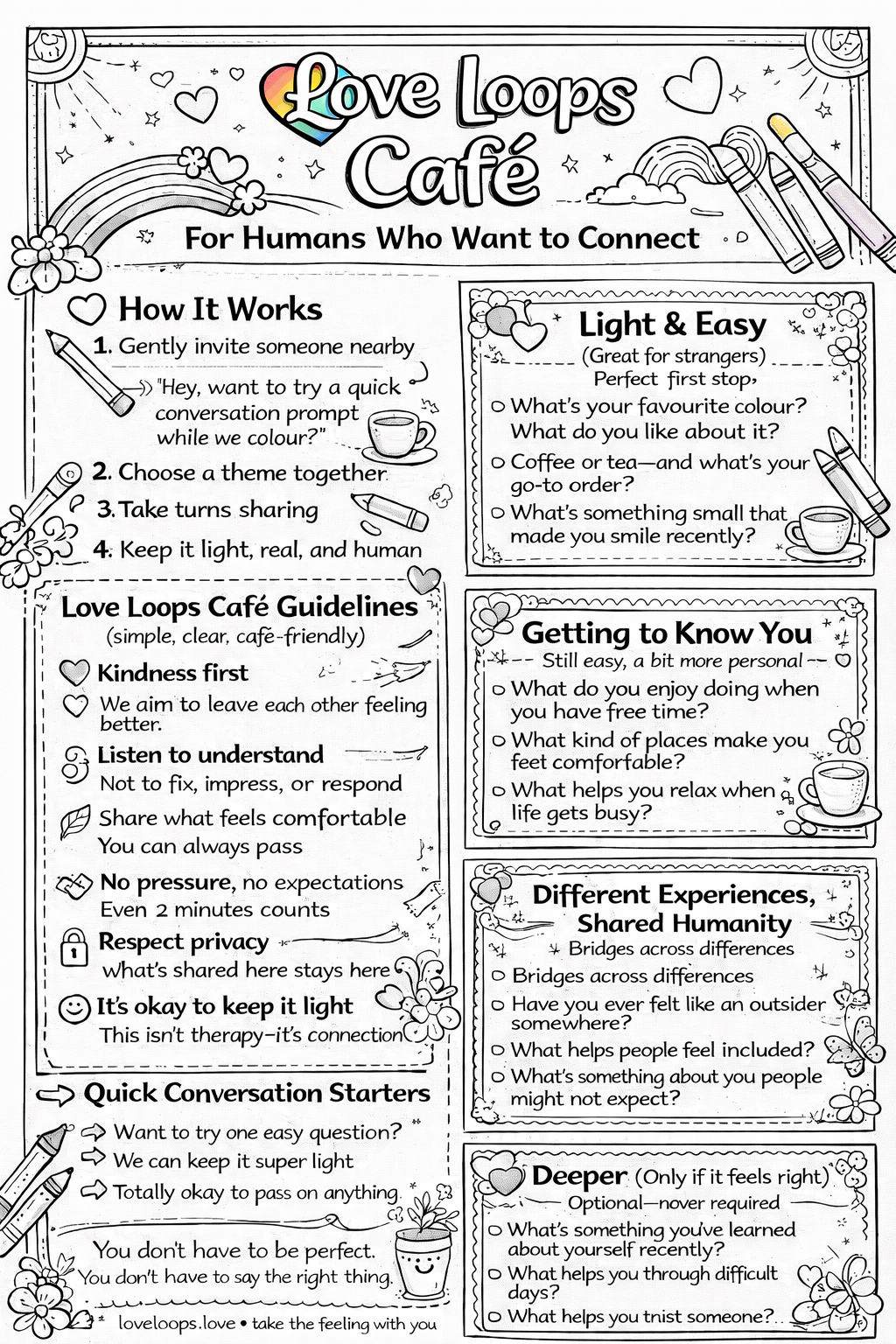 Conversation Starters Free PDF that can be used with or without coloring sheets. For humans who want to connect with kindness guidelines and this sheet can also be colored.
