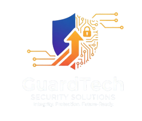 Logo for GuardTech Security Solutions featuring an upward arrow with circuit lines and a padlock. Text includes 'GuardTech Security Solutions' with a tagline 'Integrity, Protection, Future-Ready.'