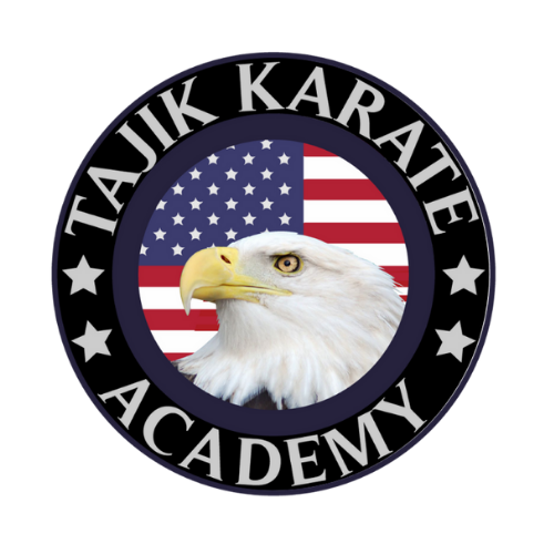 Logo for Taji K Karate Academy featuring a bald eagle's head in front of the American flag with a black circular border.