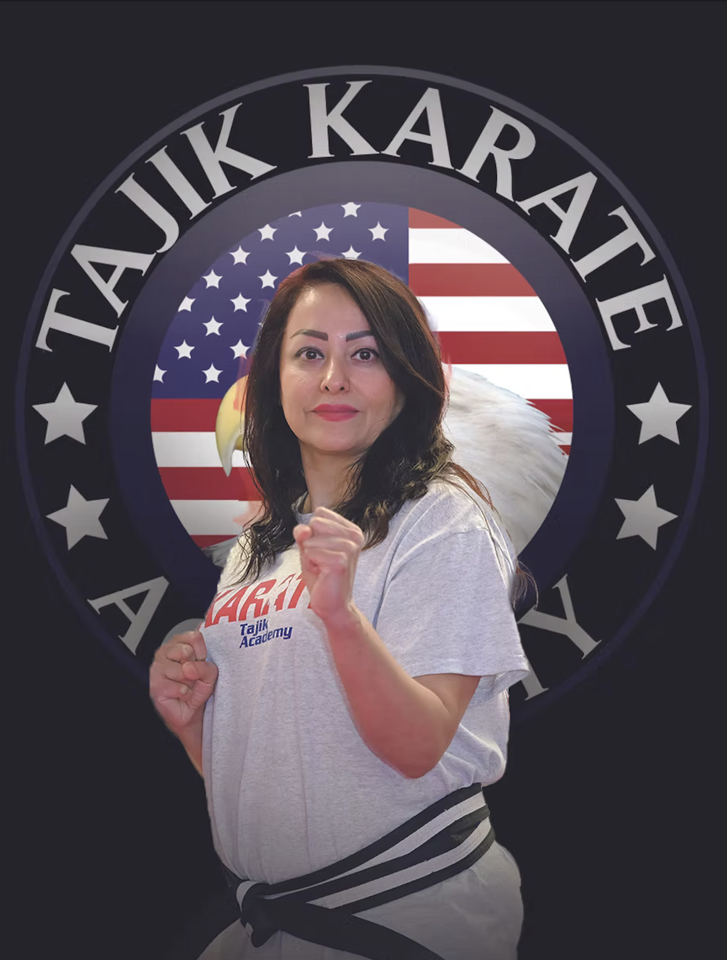 A woman with dark hair and a gray Taijik Academy t-shirt, posing in front of a circular photo with the American flag and bald eagle, surrounded by martial arts academy logo.