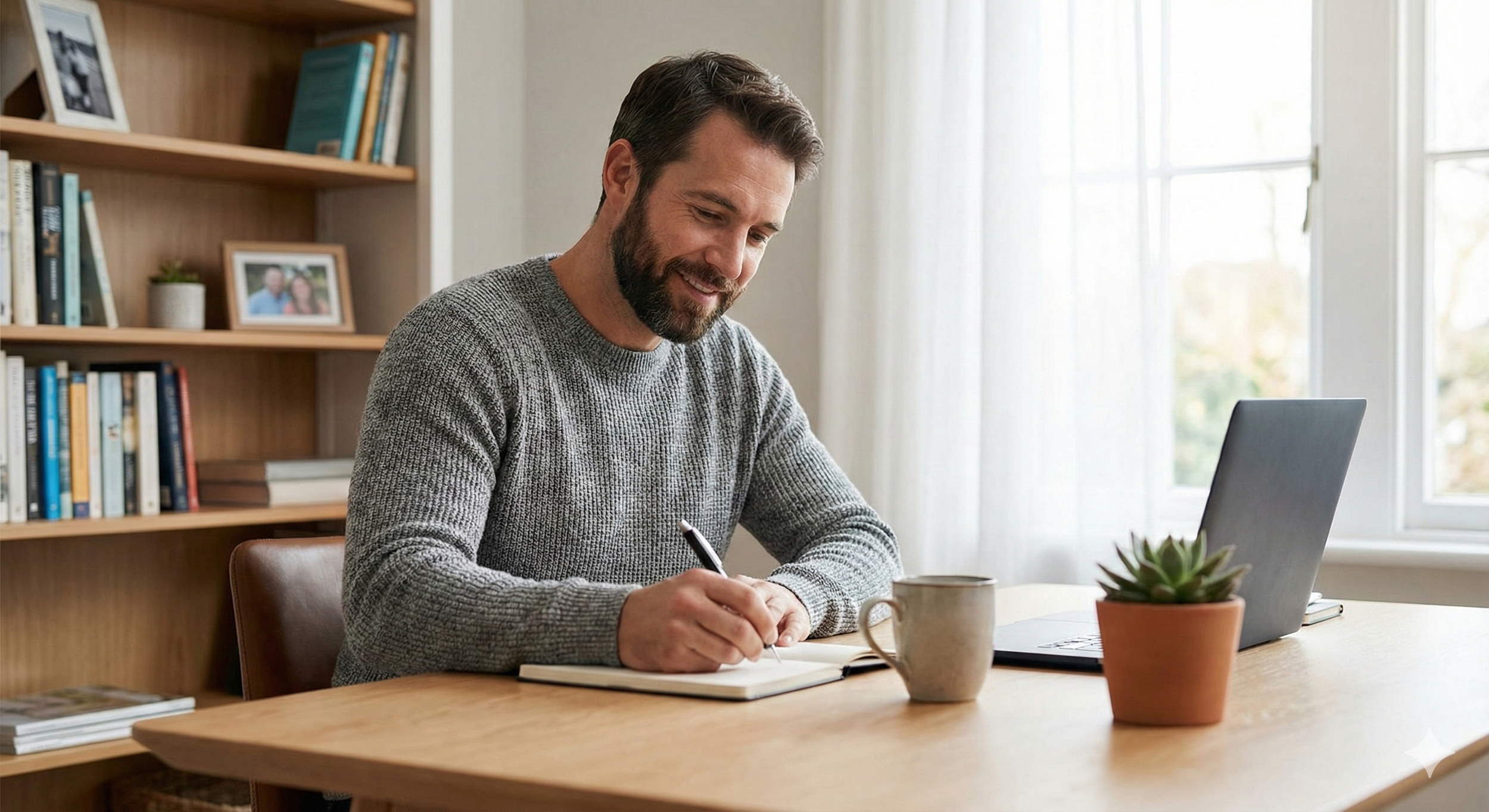Man sitting at a wooden table, writing in a notebook with a pen, with a laptop, a potted plant, and a mug on the table, in a bright room with a bookshelf and window in the background.