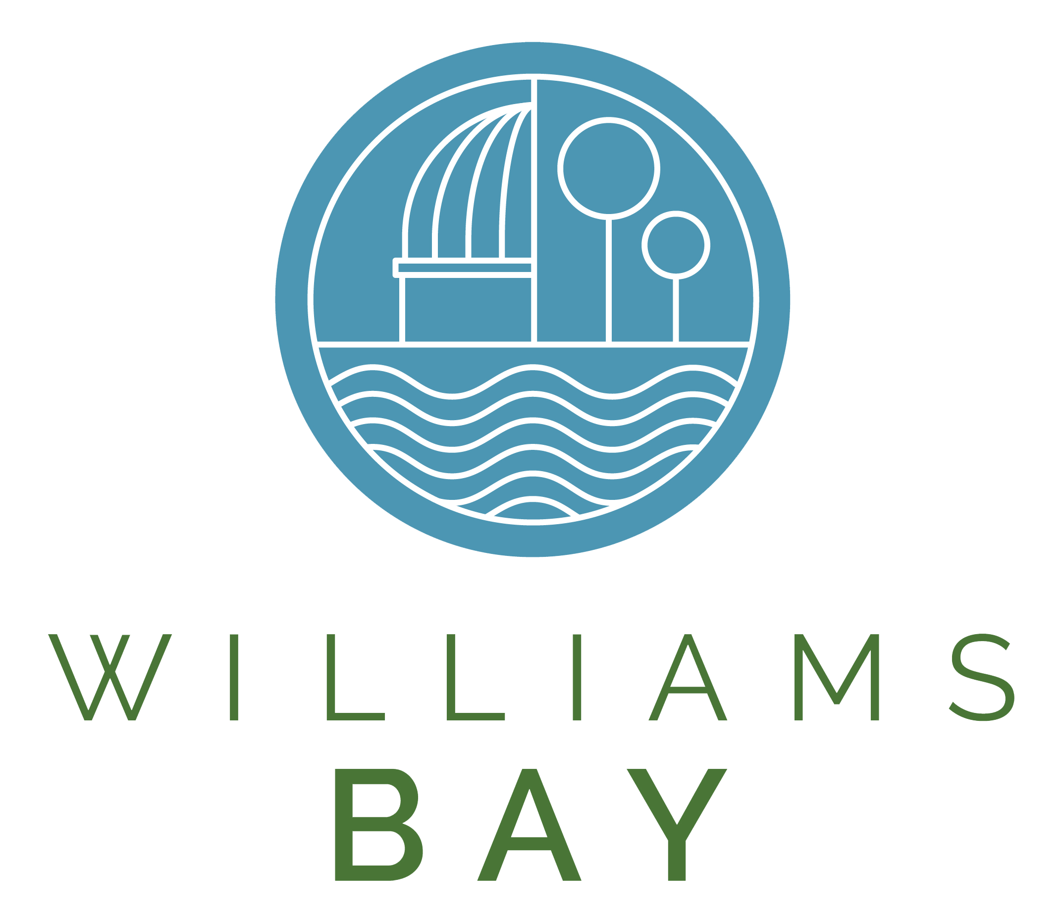 Logo of Williams Bay, featuring a blue circle with a lighthouse, trees, and water waves, and the text "WILLIAMS BAY" below.