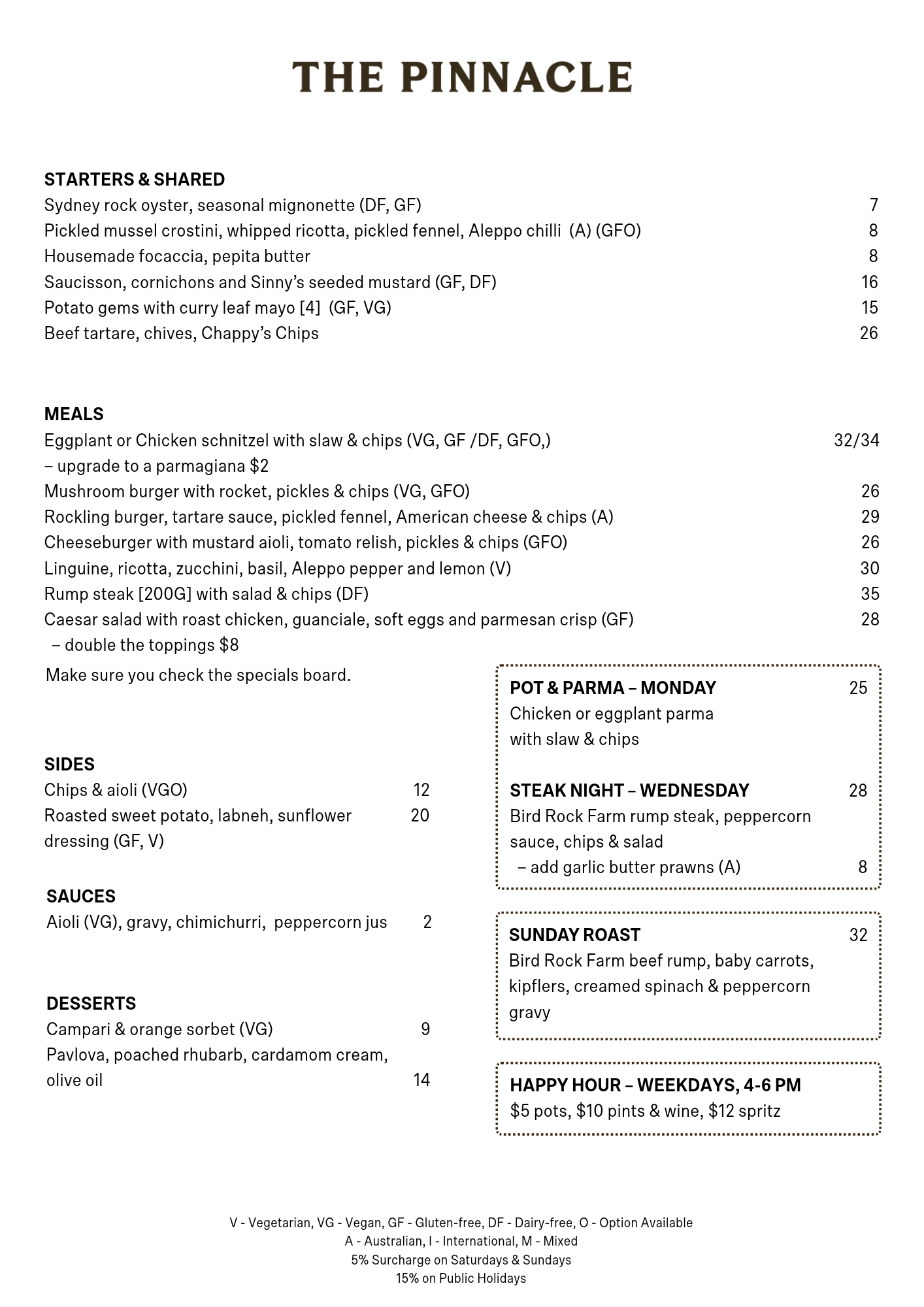The Pinnacle Food Menu