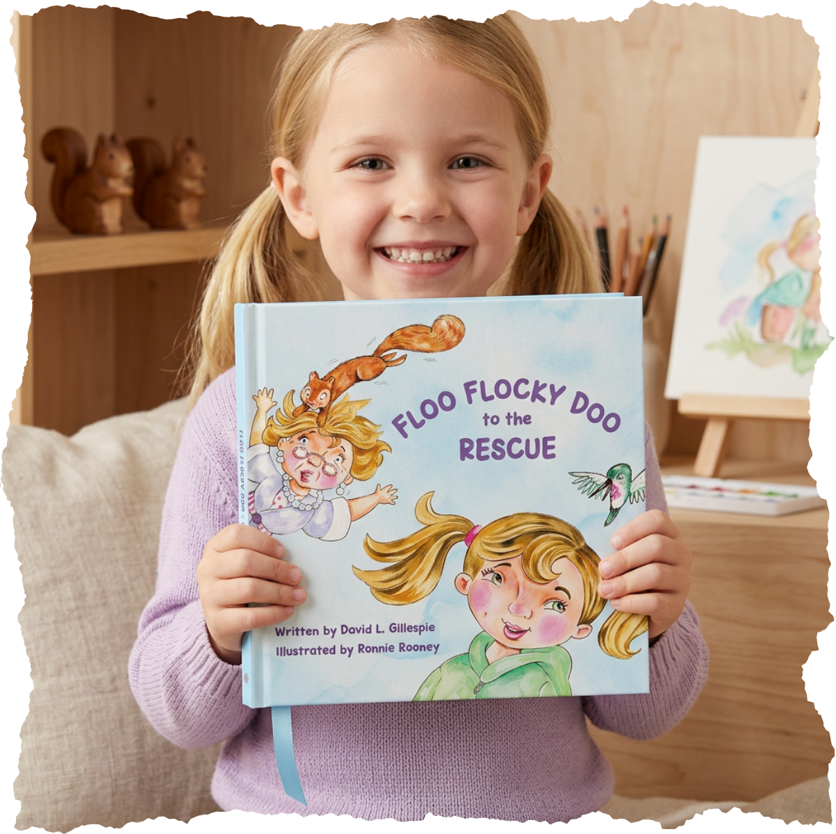 A young girl with blonde hair in pigtails holding a children's book titled 'Floo Flocky Dood to the Rescue'. She is smiling and sitting on a beige couch in a cozy room with wooden walls and shelves, with art supplies and a painting in the background.